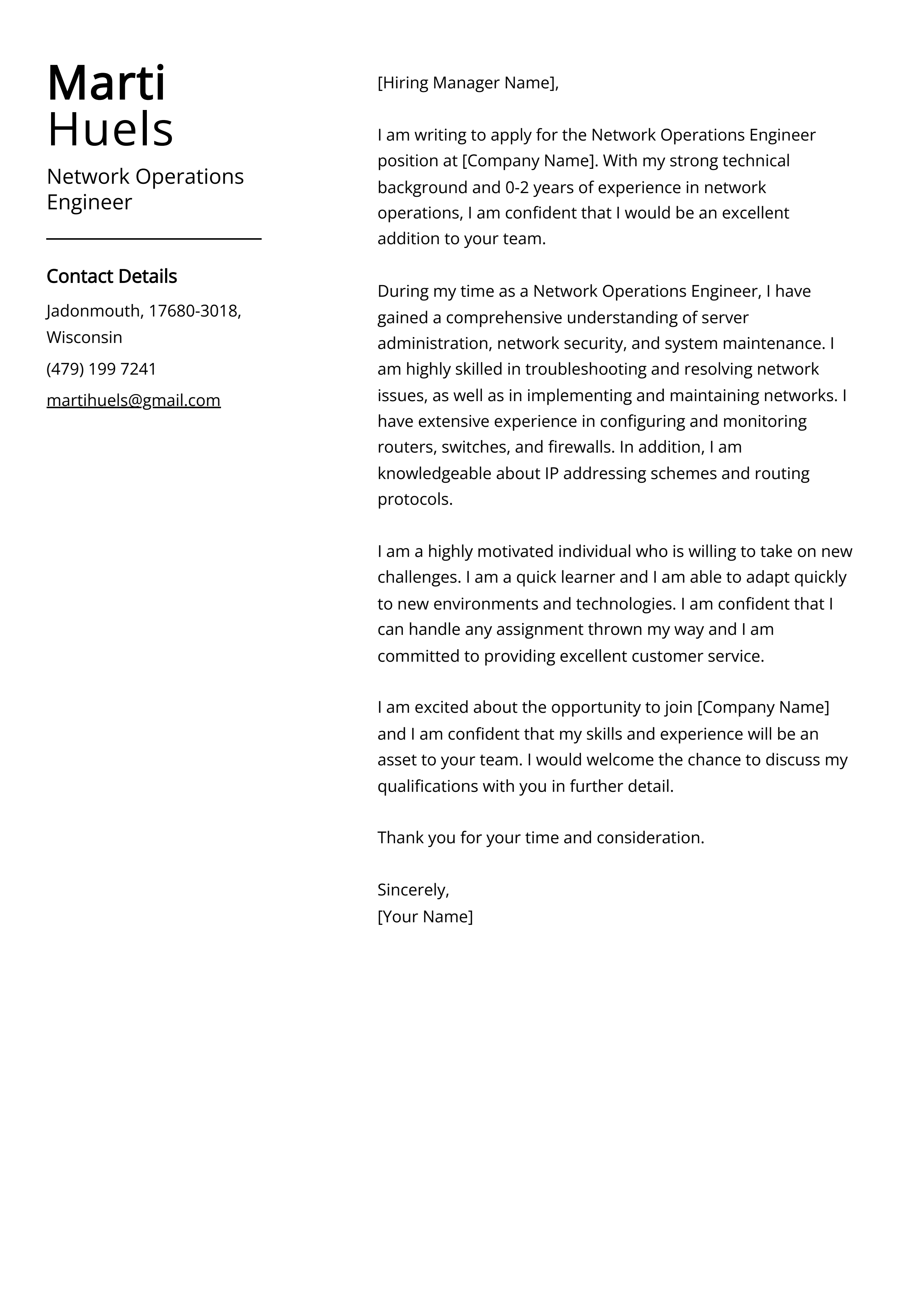 Network Operations Engineer Cover Letter Example