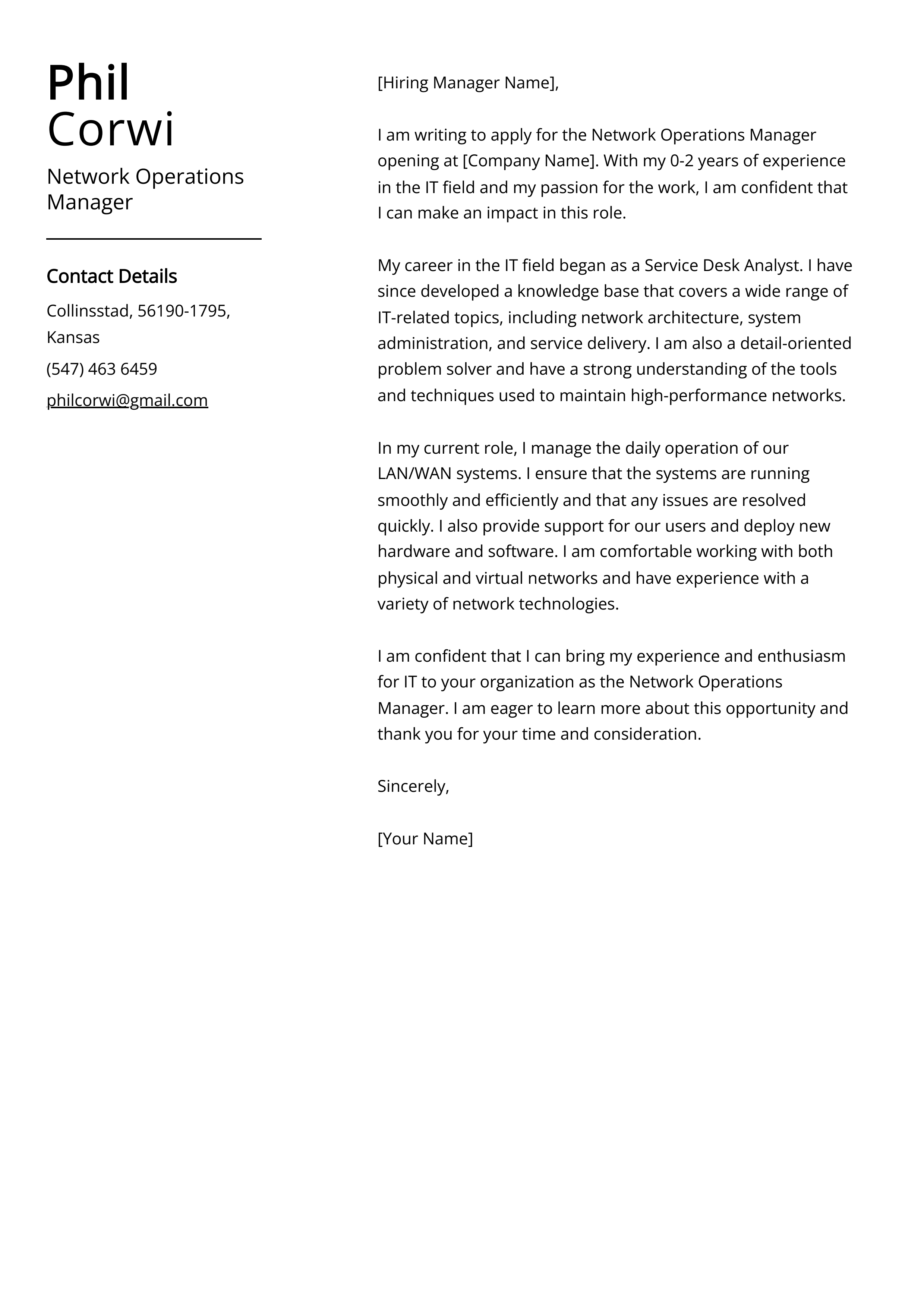 Network Operations Manager Cover Letter Example