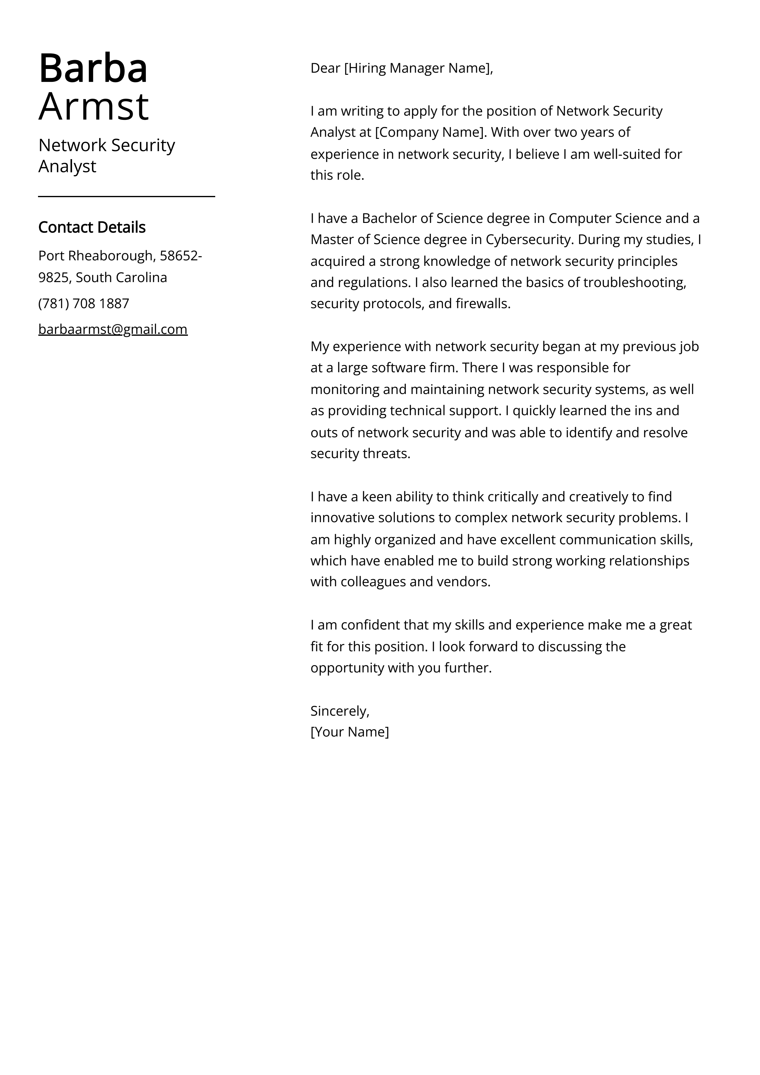 Network Security Analyst Cover Letter Example