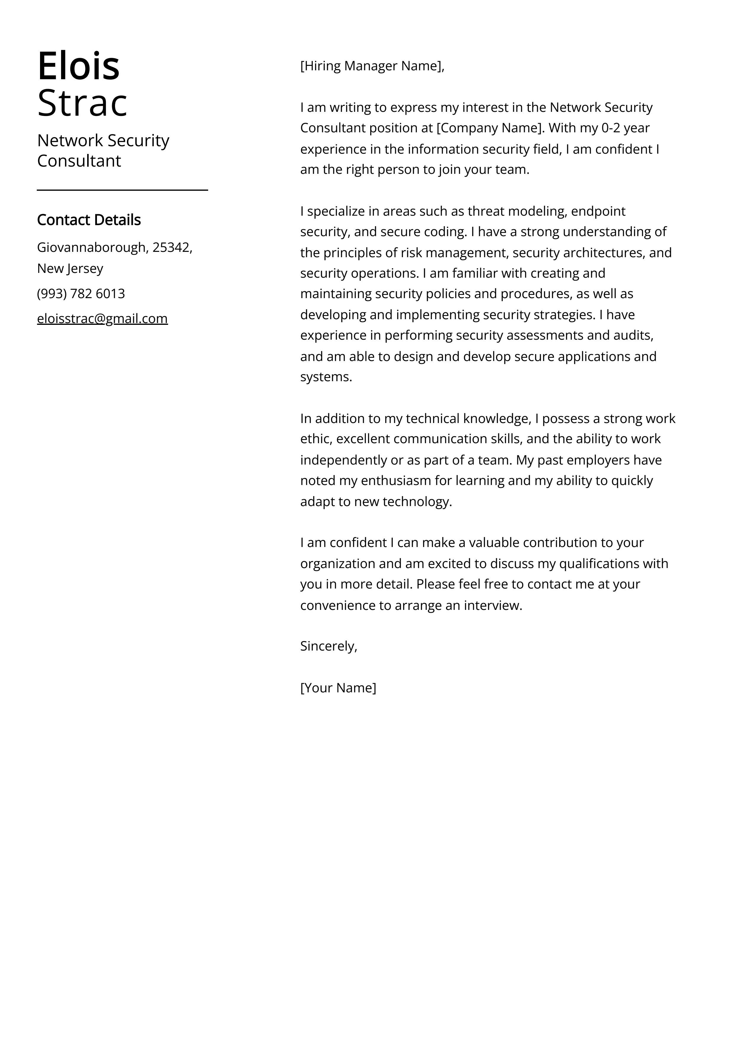 Network Security Consultant Cover Letter Example