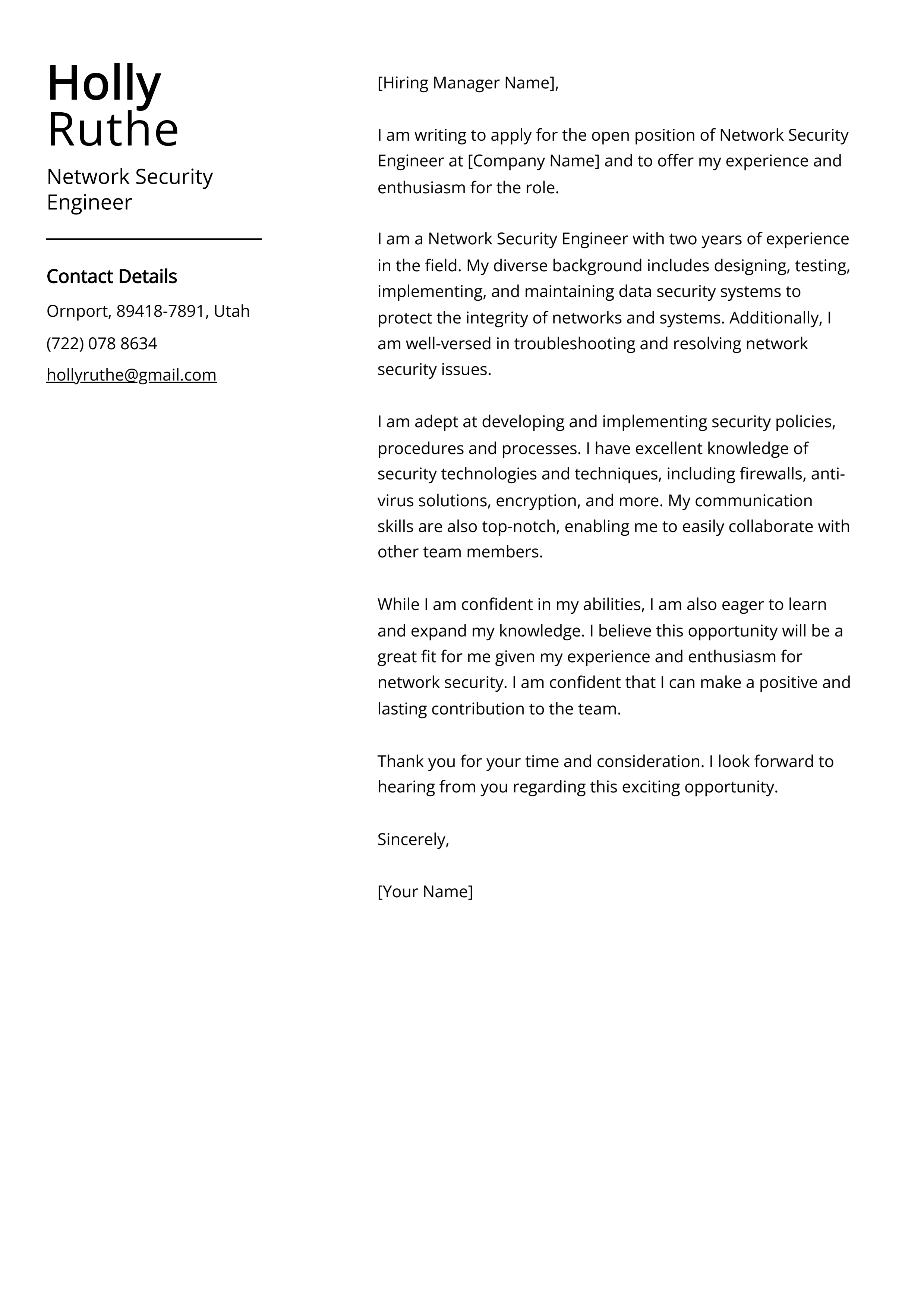 Network Security Engineer Cover Letter Example