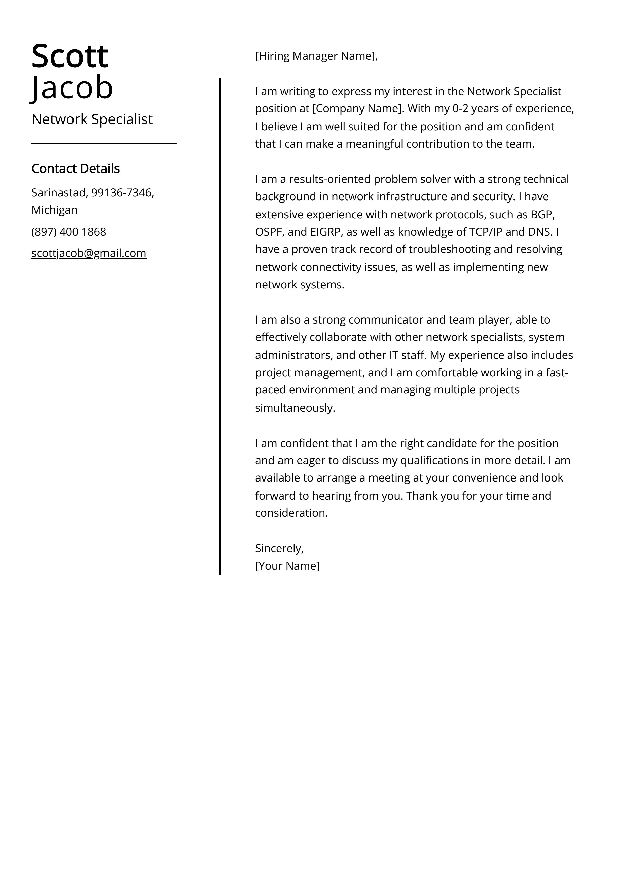 Network Specialist Cover Letter Example