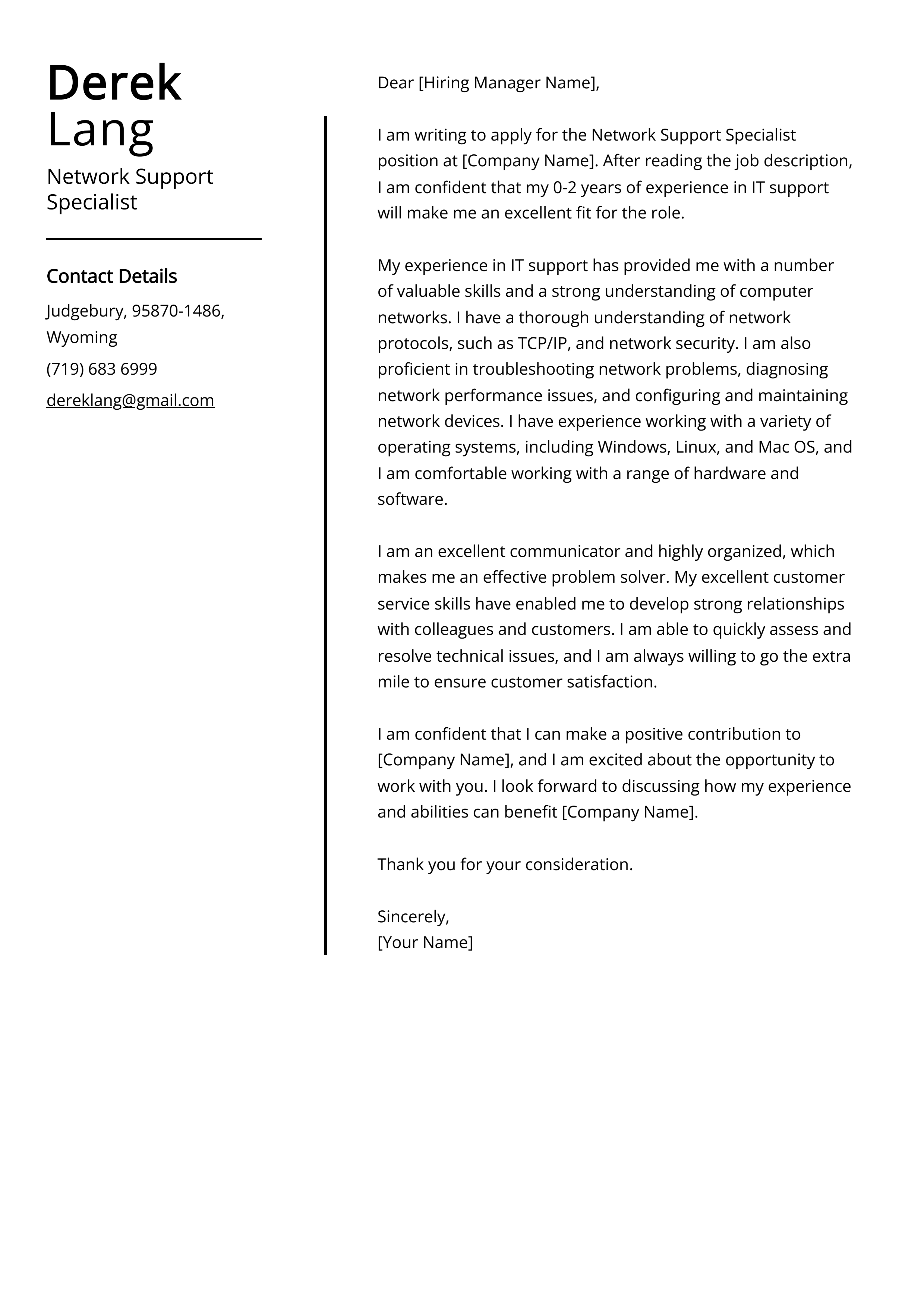 Network Support Specialist Cover Letter Example