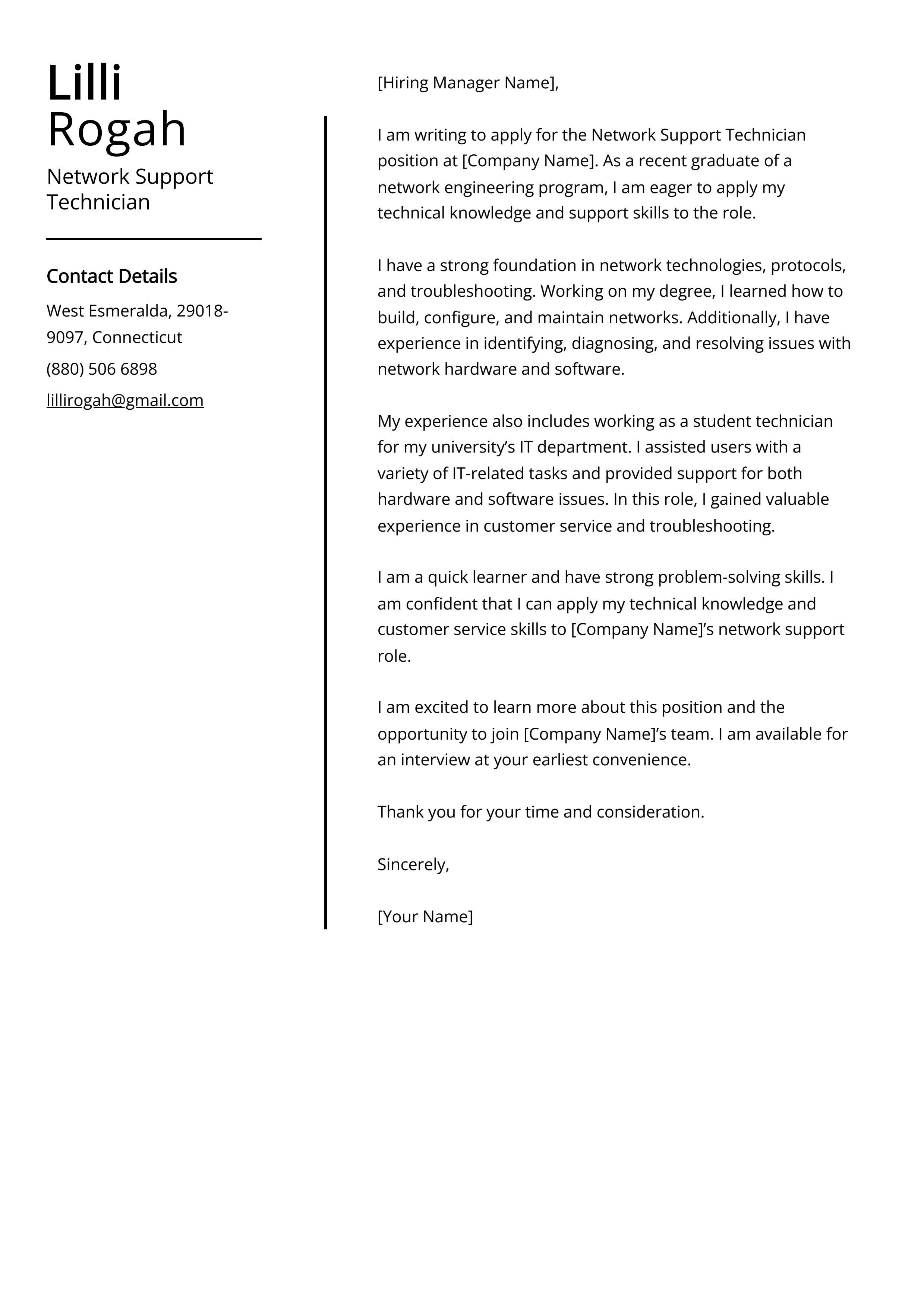 Network Support Technician Cover Letter Example