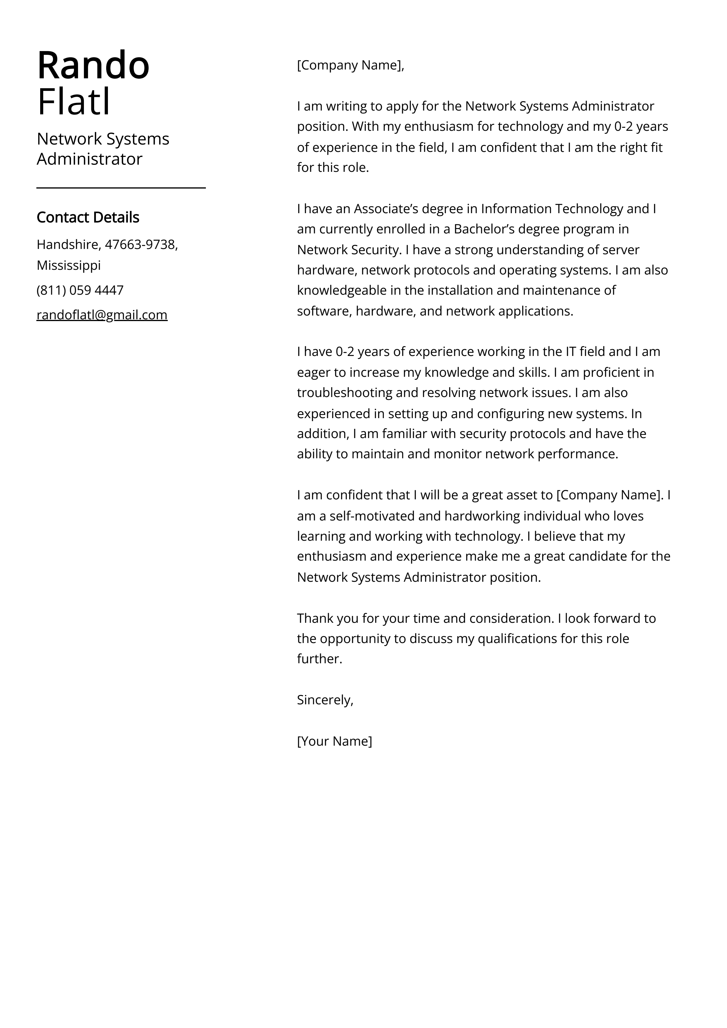 Network Systems Administrator Cover Letter Example