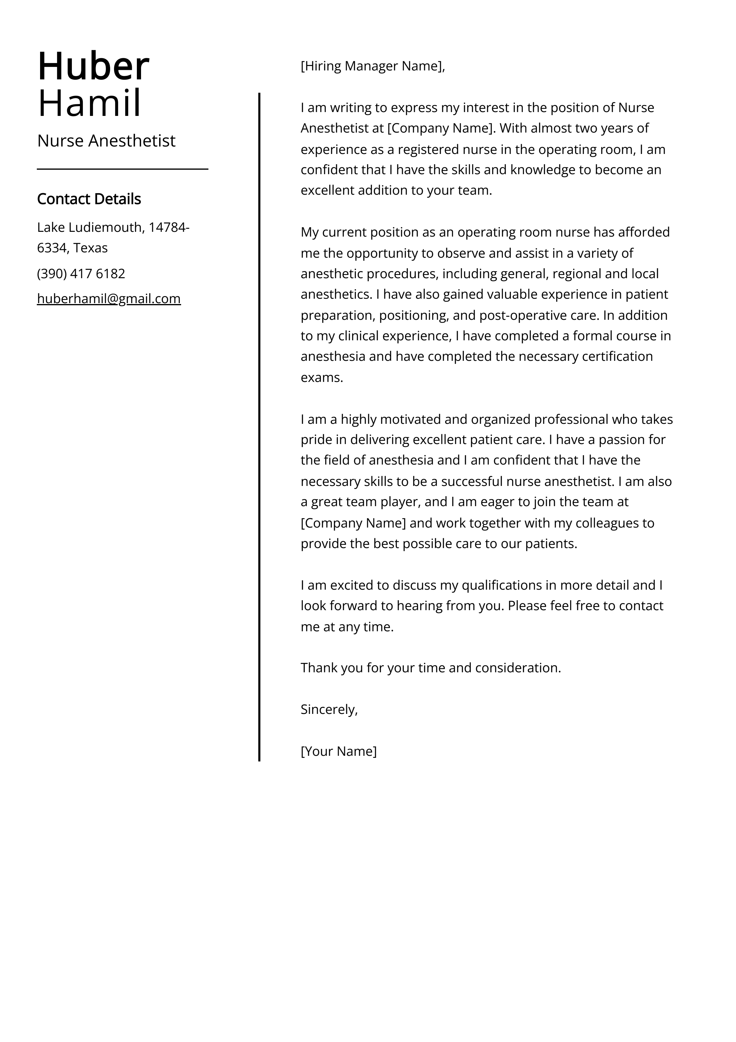 Nurse Anesthetist Cover Letter Example