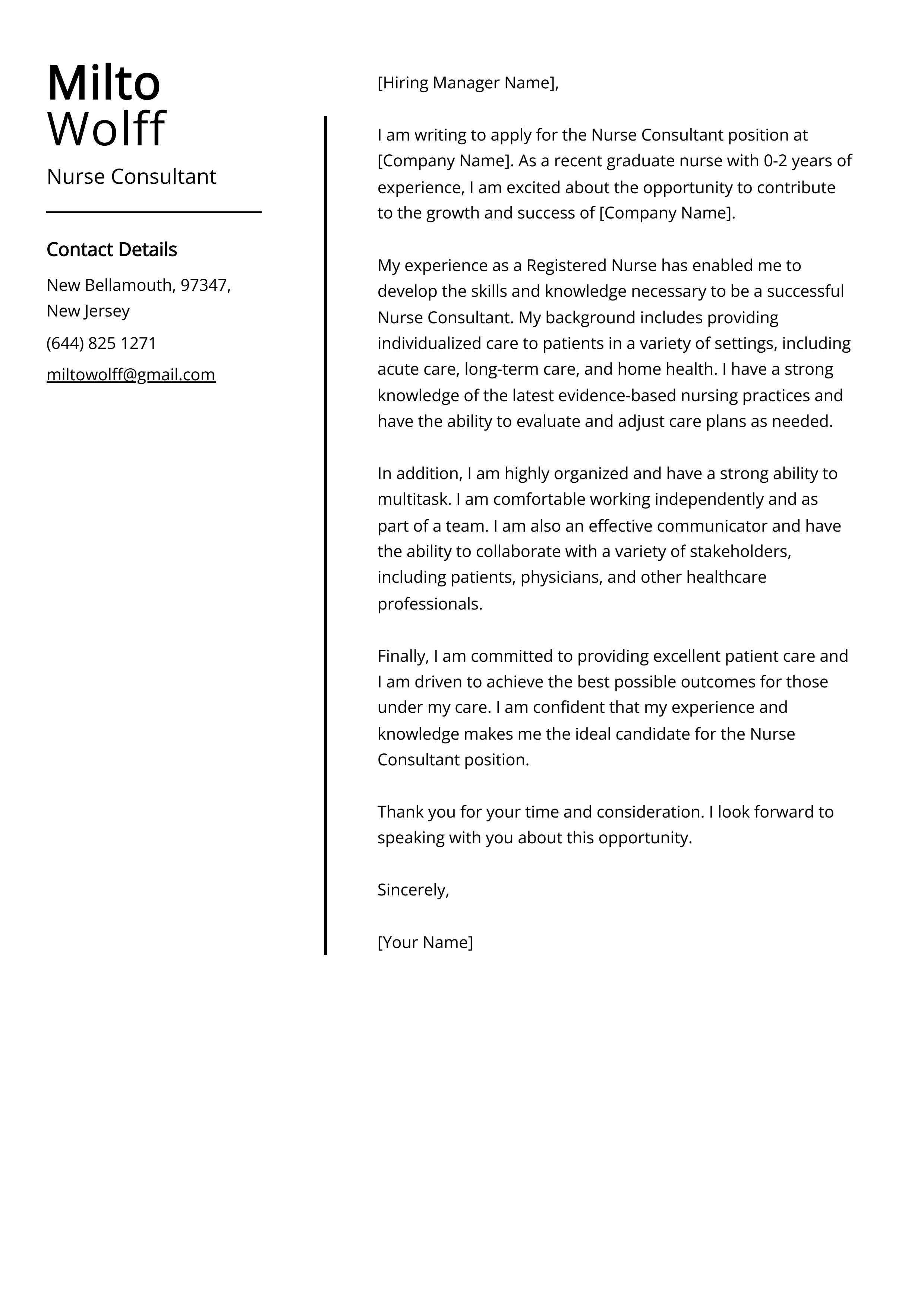 Nurse Consultant Cover Letter Example