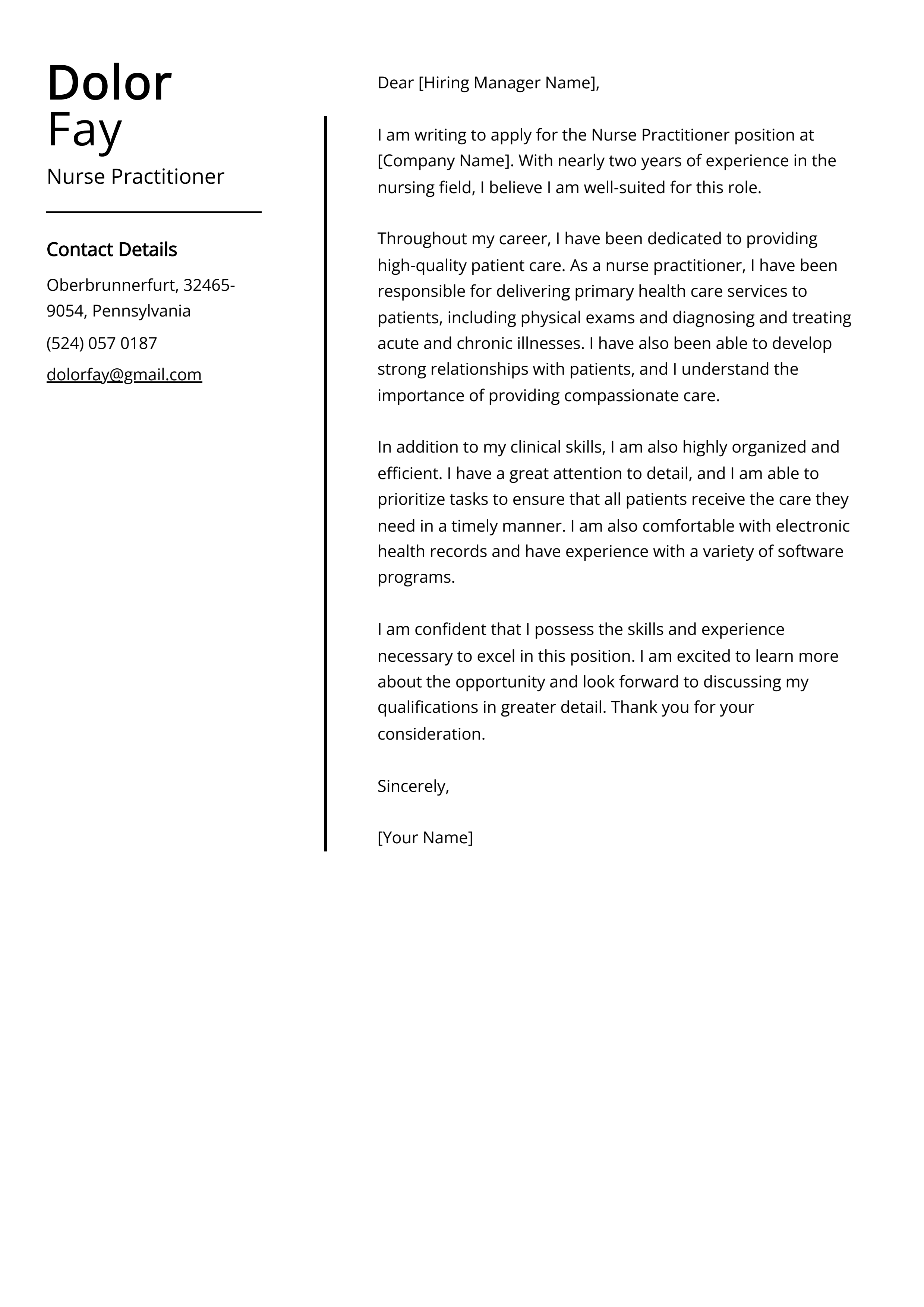 Nurse Practitioner Cover Letter Example