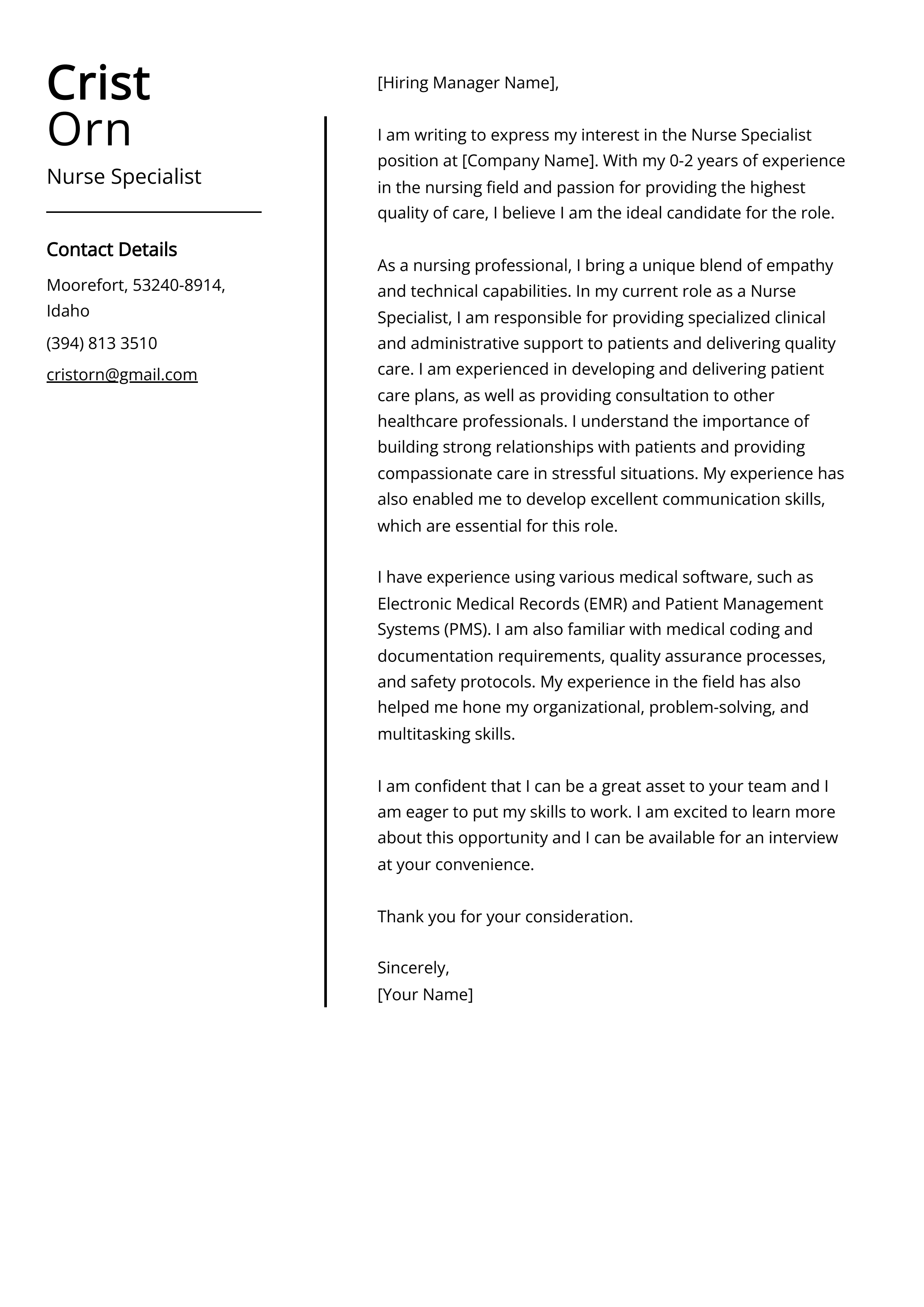 Nurse Specialist Cover Letter Example