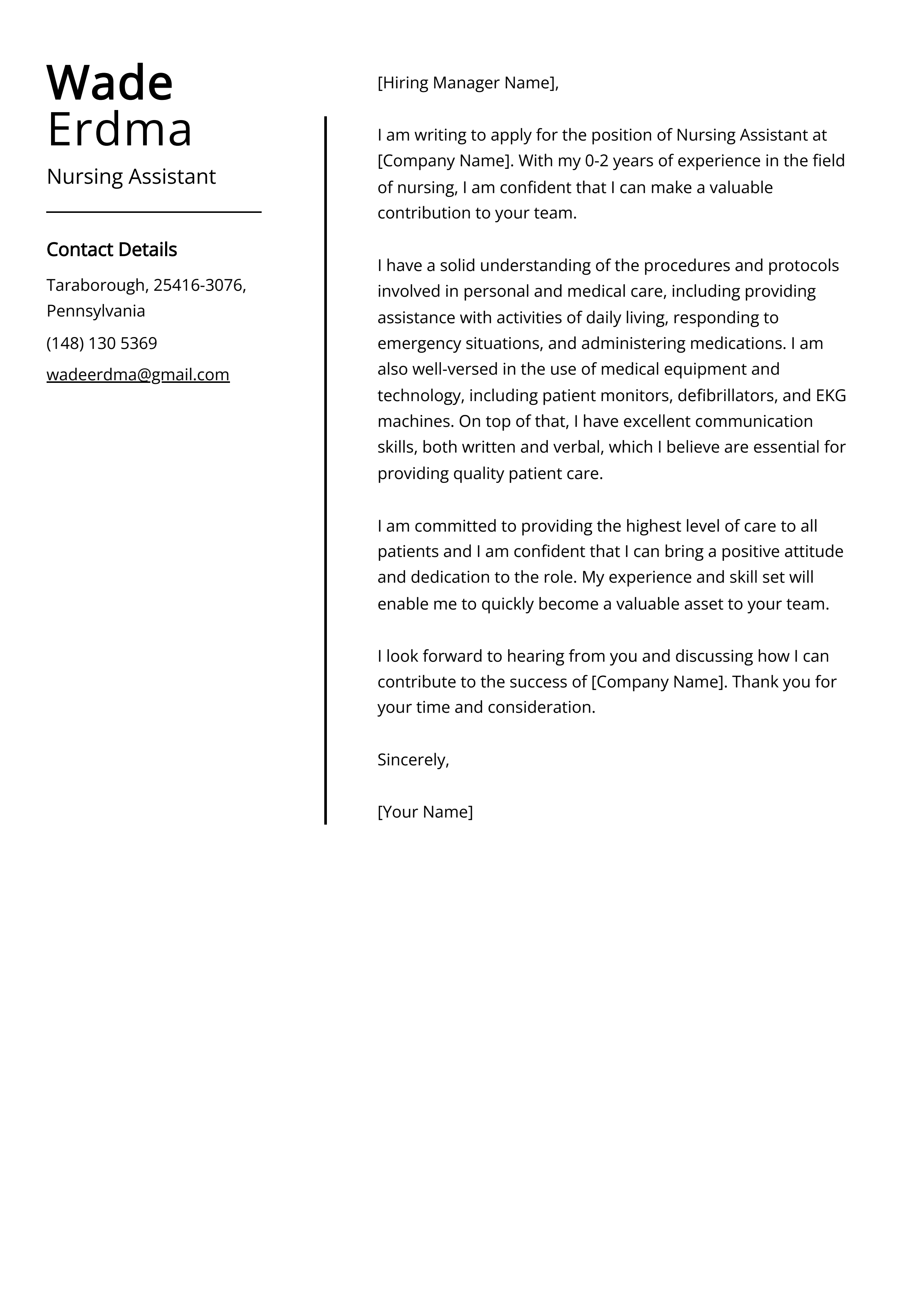 Nursing Assistant Cover Letter Example