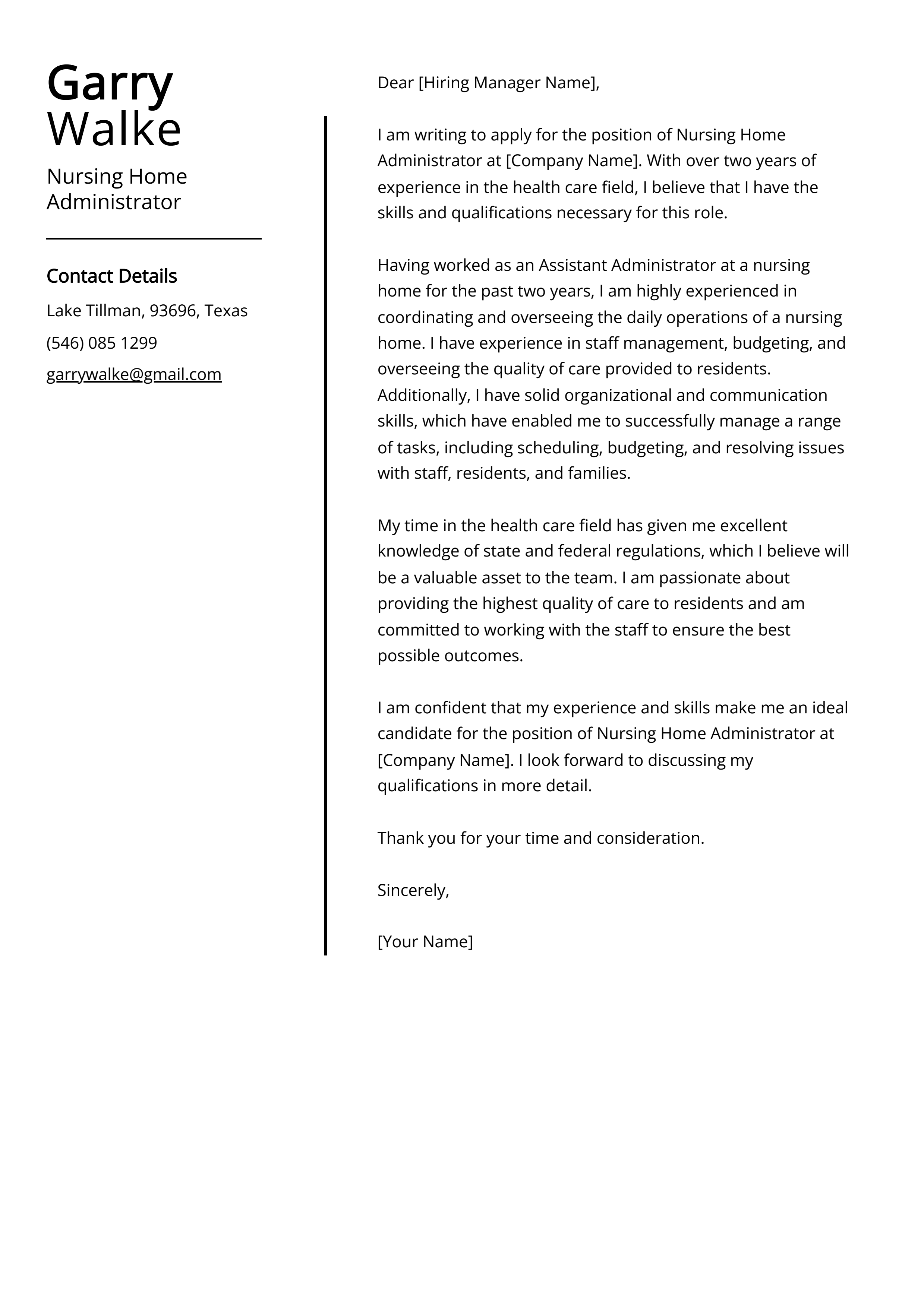 Nursing Home Administrator Cover Letter Example