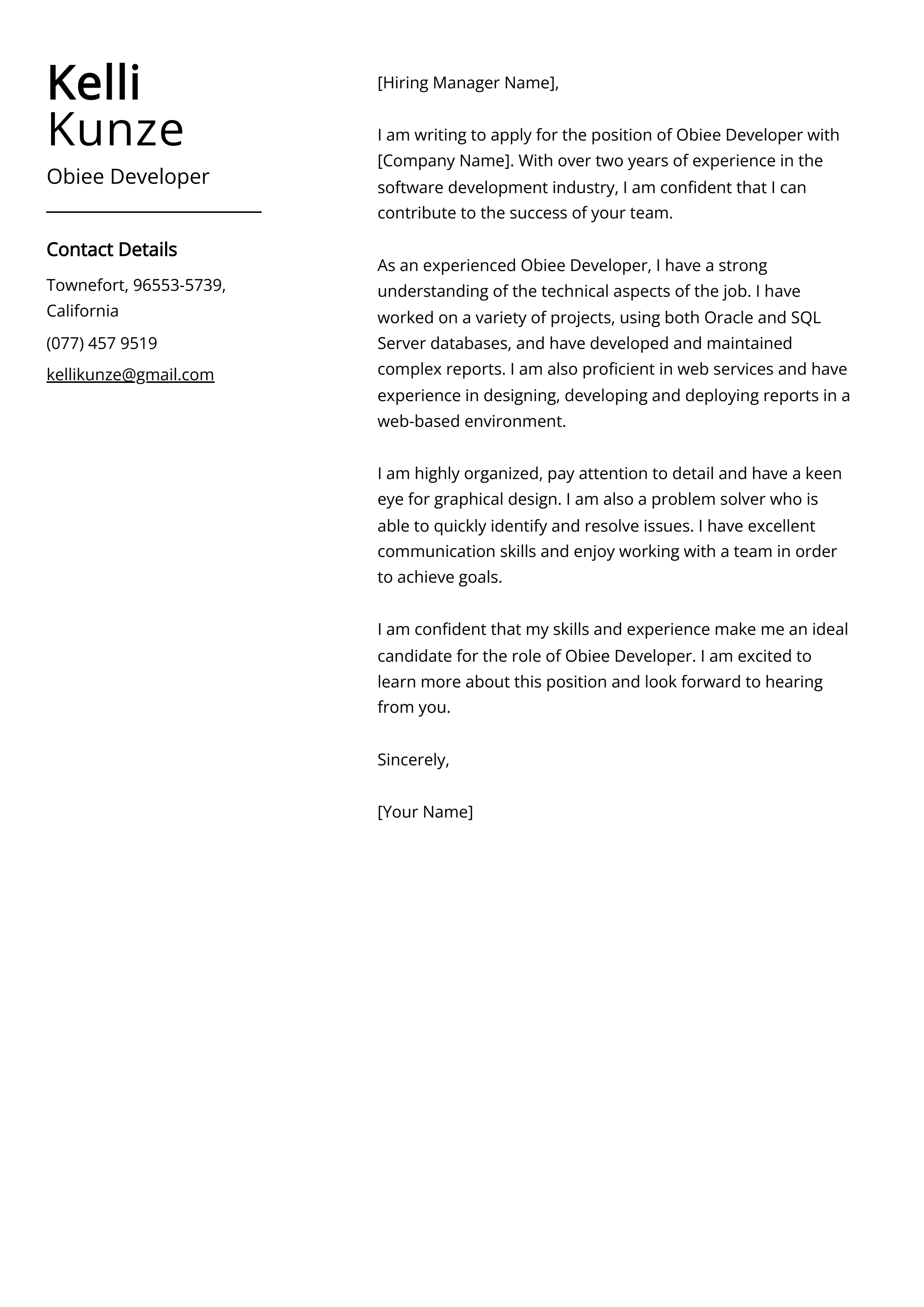 Obiee Developer Cover Letter Example