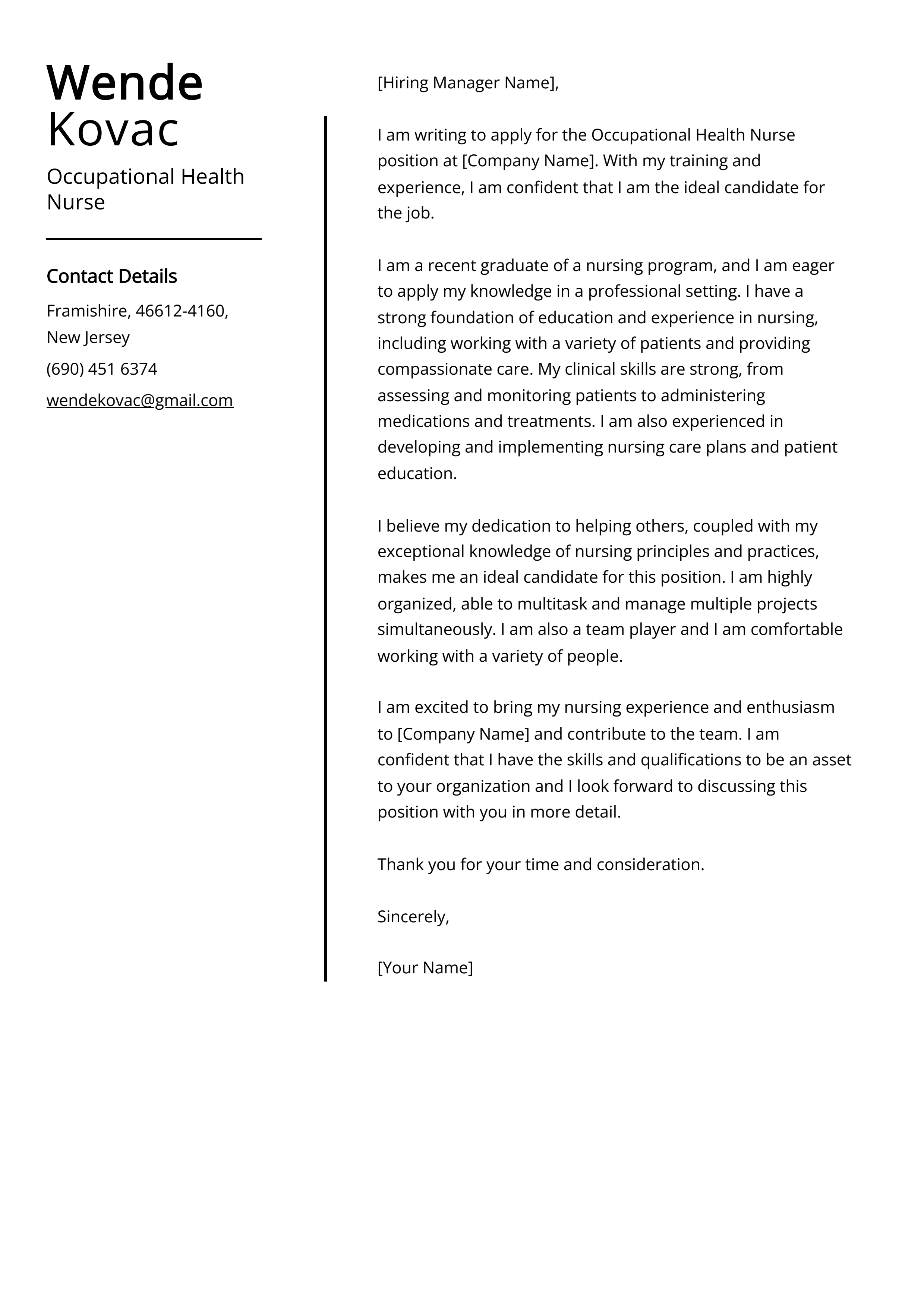 Occupational Health Nurse Cover Letter Example