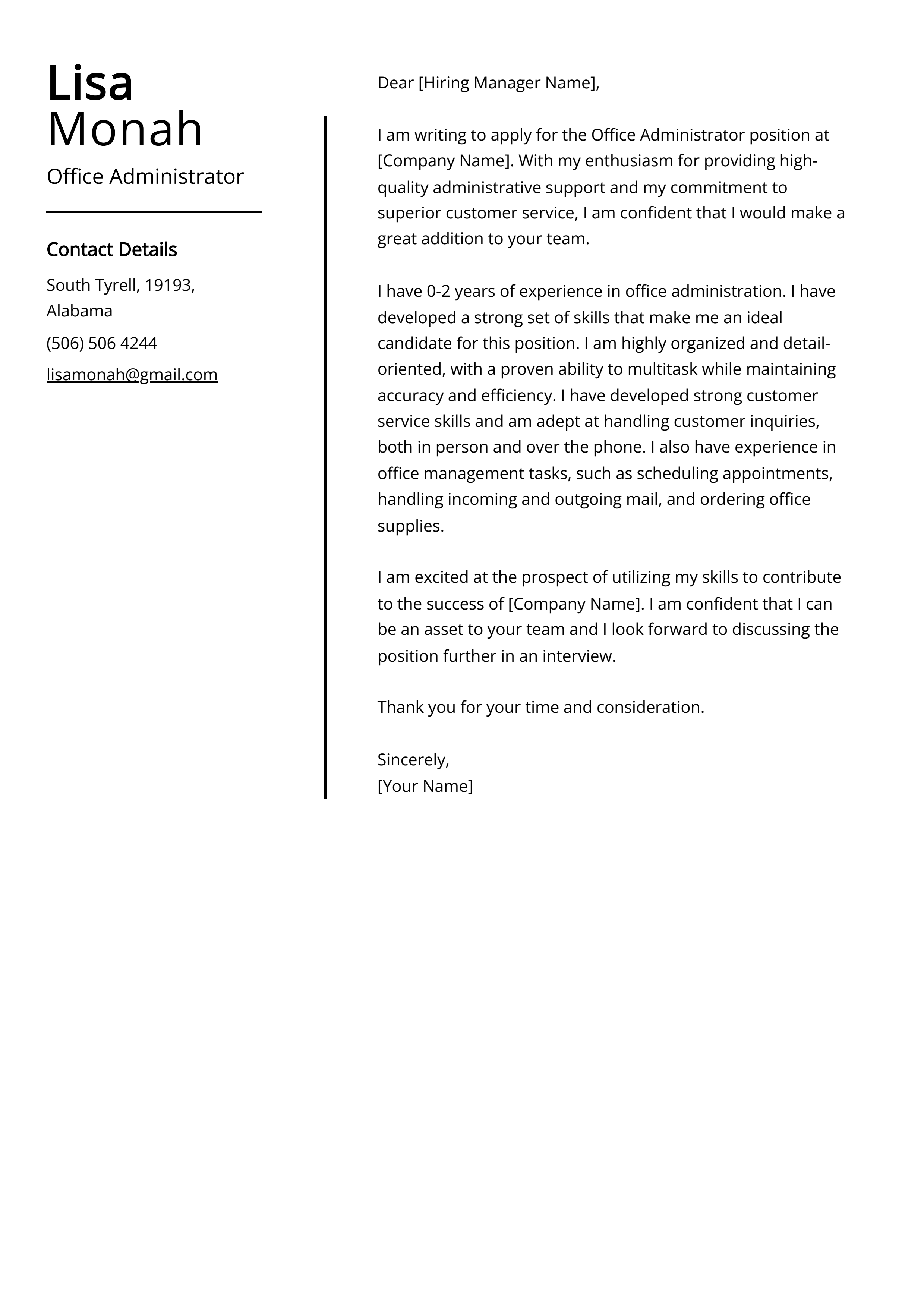 Office Administrator Cover Letter Example