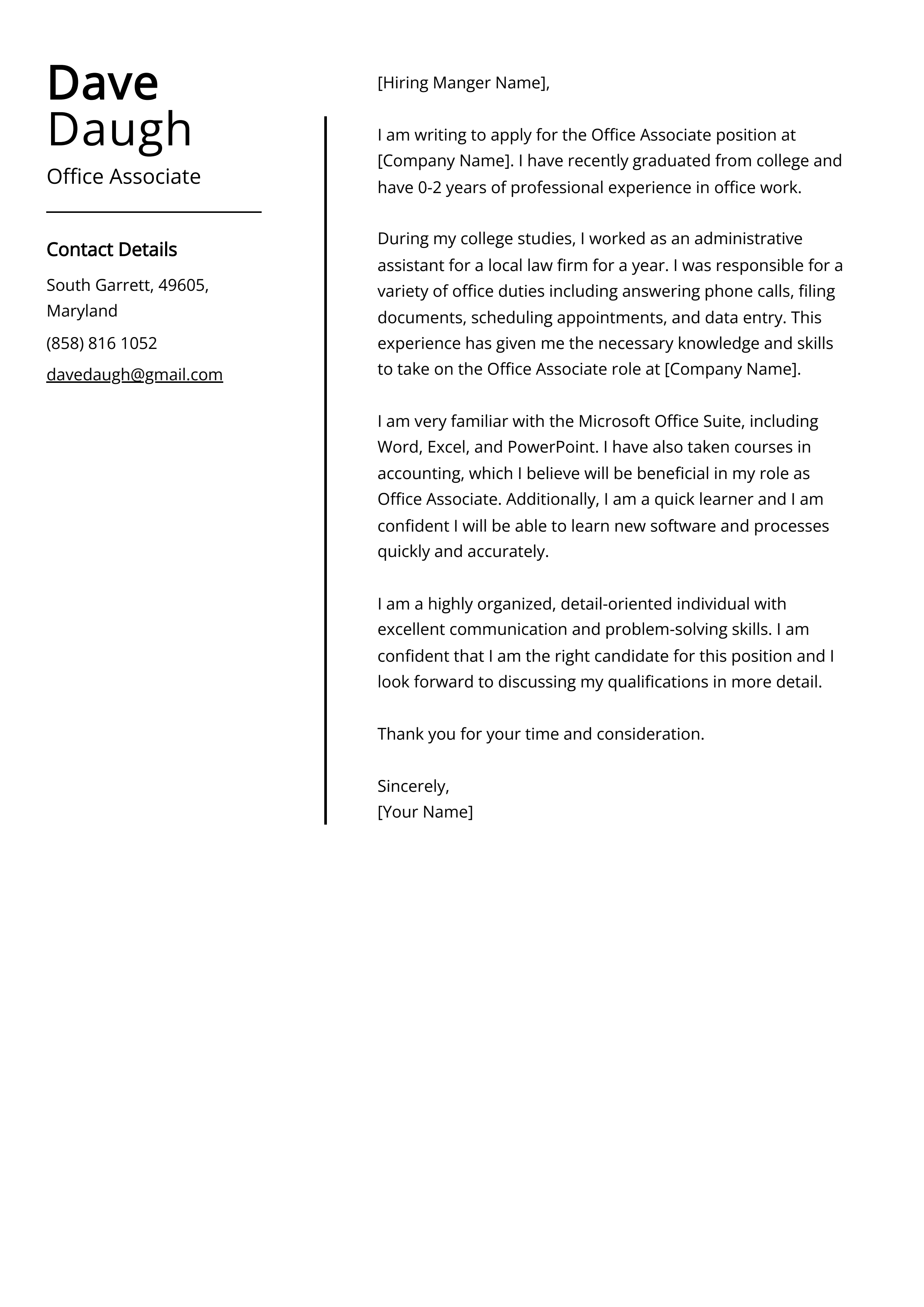 Office Associate Cover Letter Example