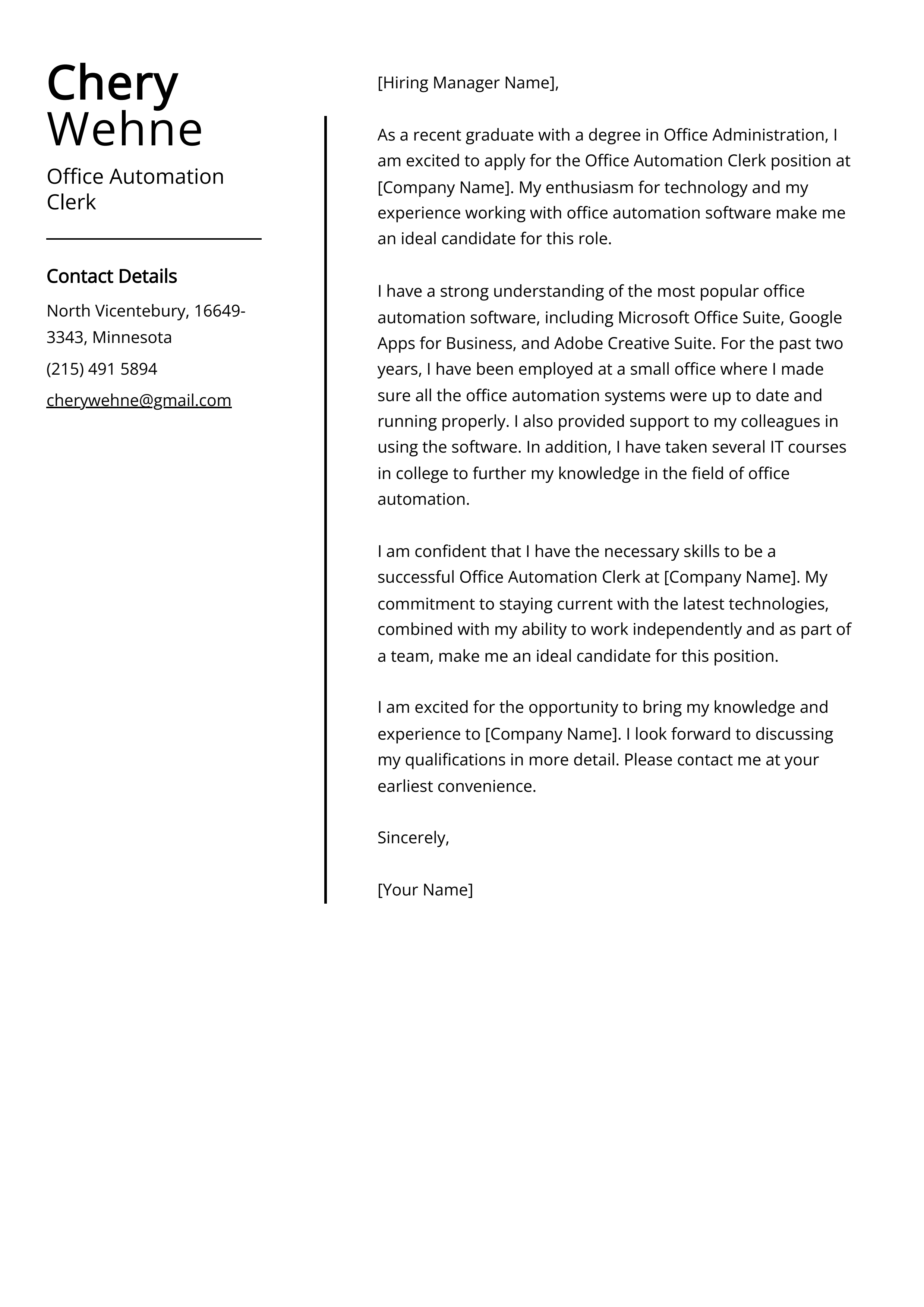 Office Automation Clerk Cover Letter Example