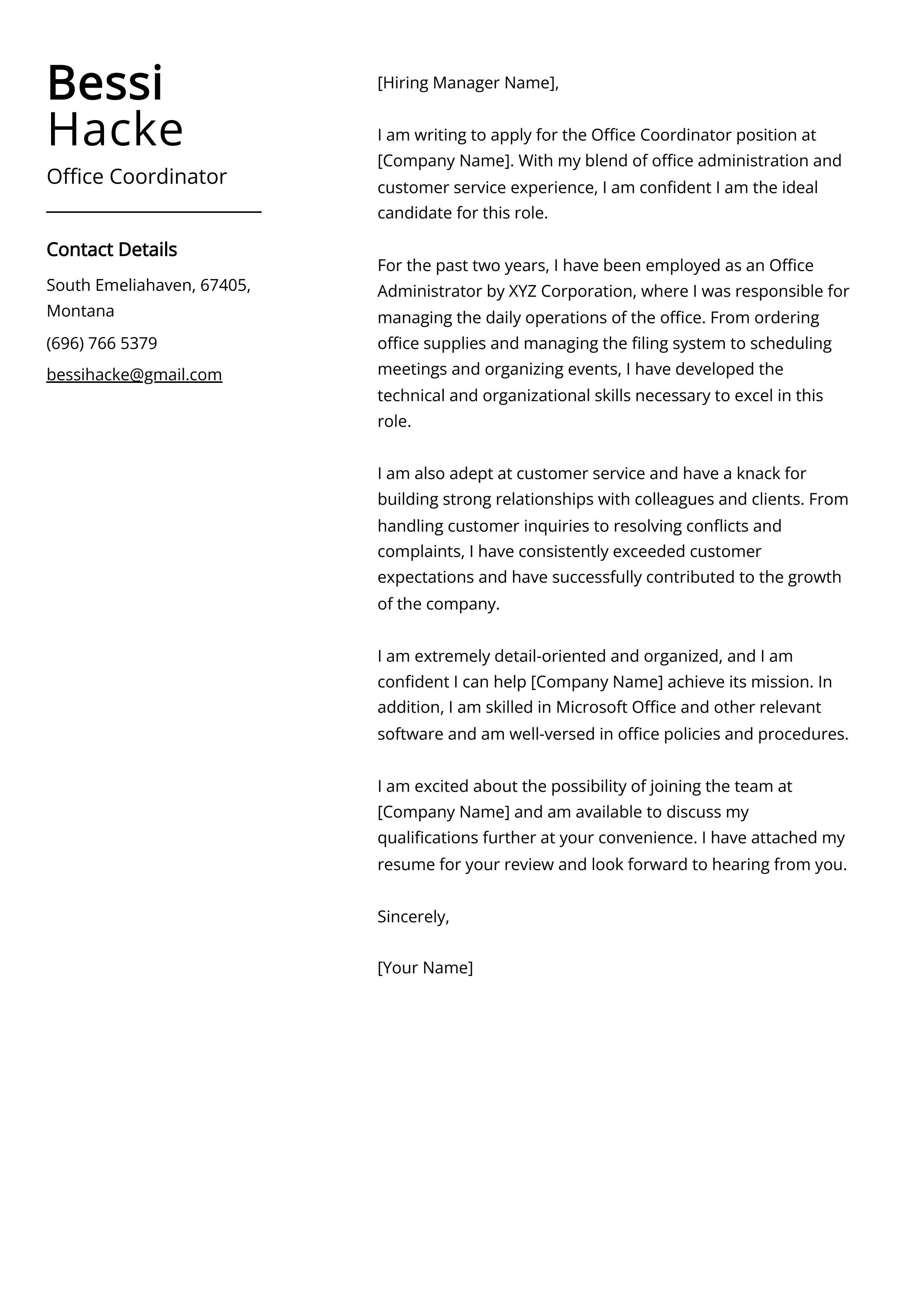 Office Coordinator Cover Letter Example