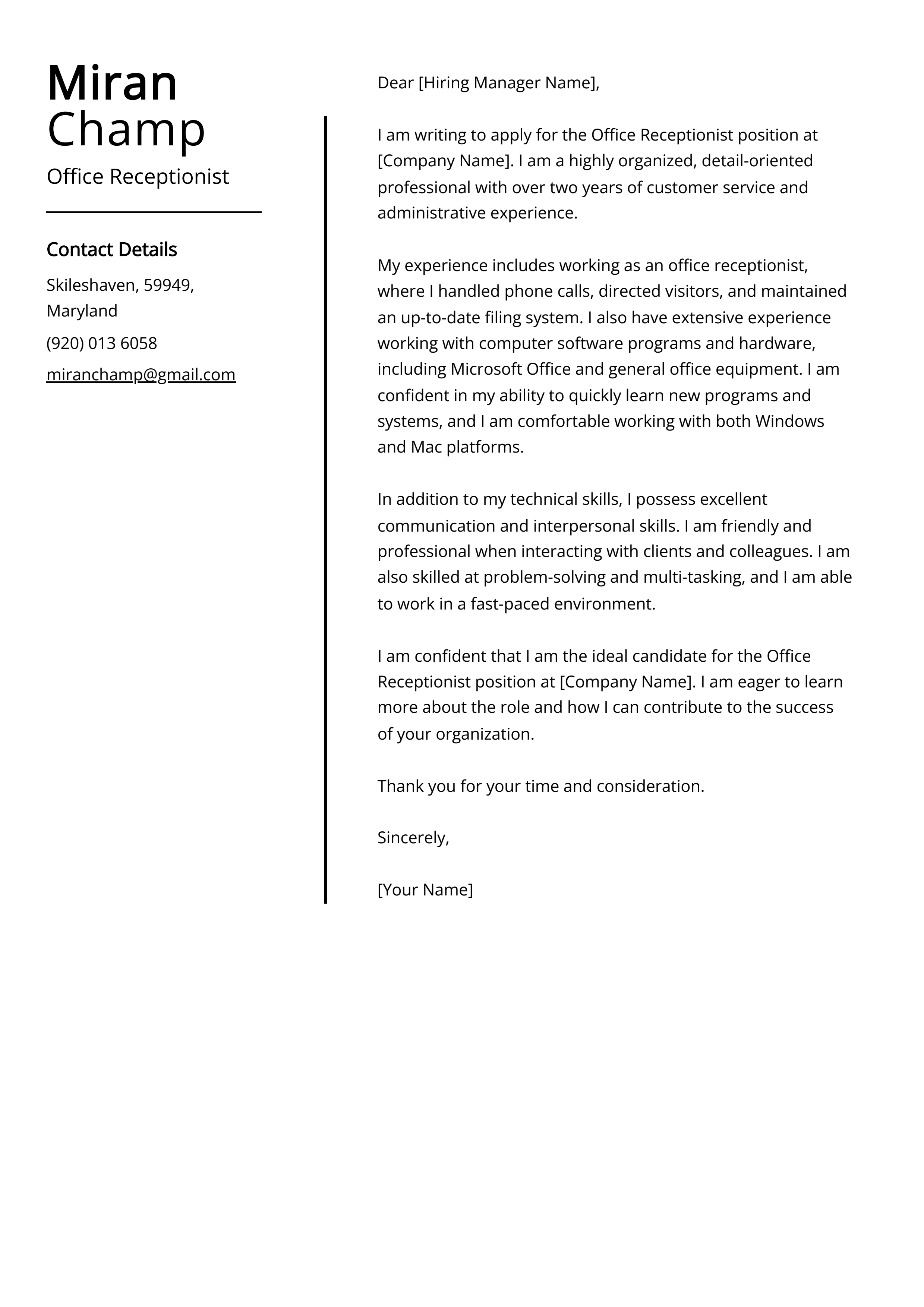 Office Receptionist Cover Letter Example