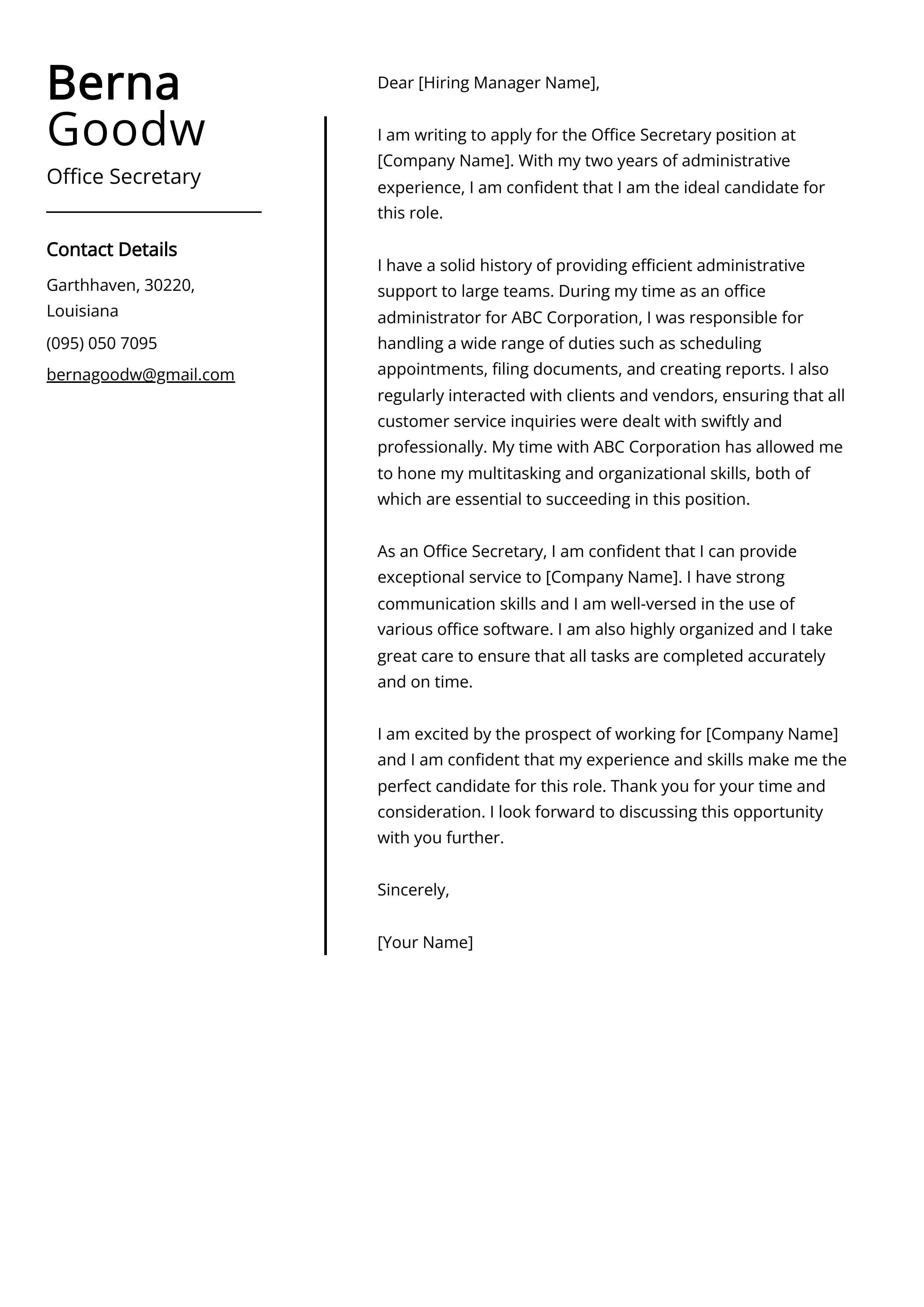 Office Secretary Cover Letter Example