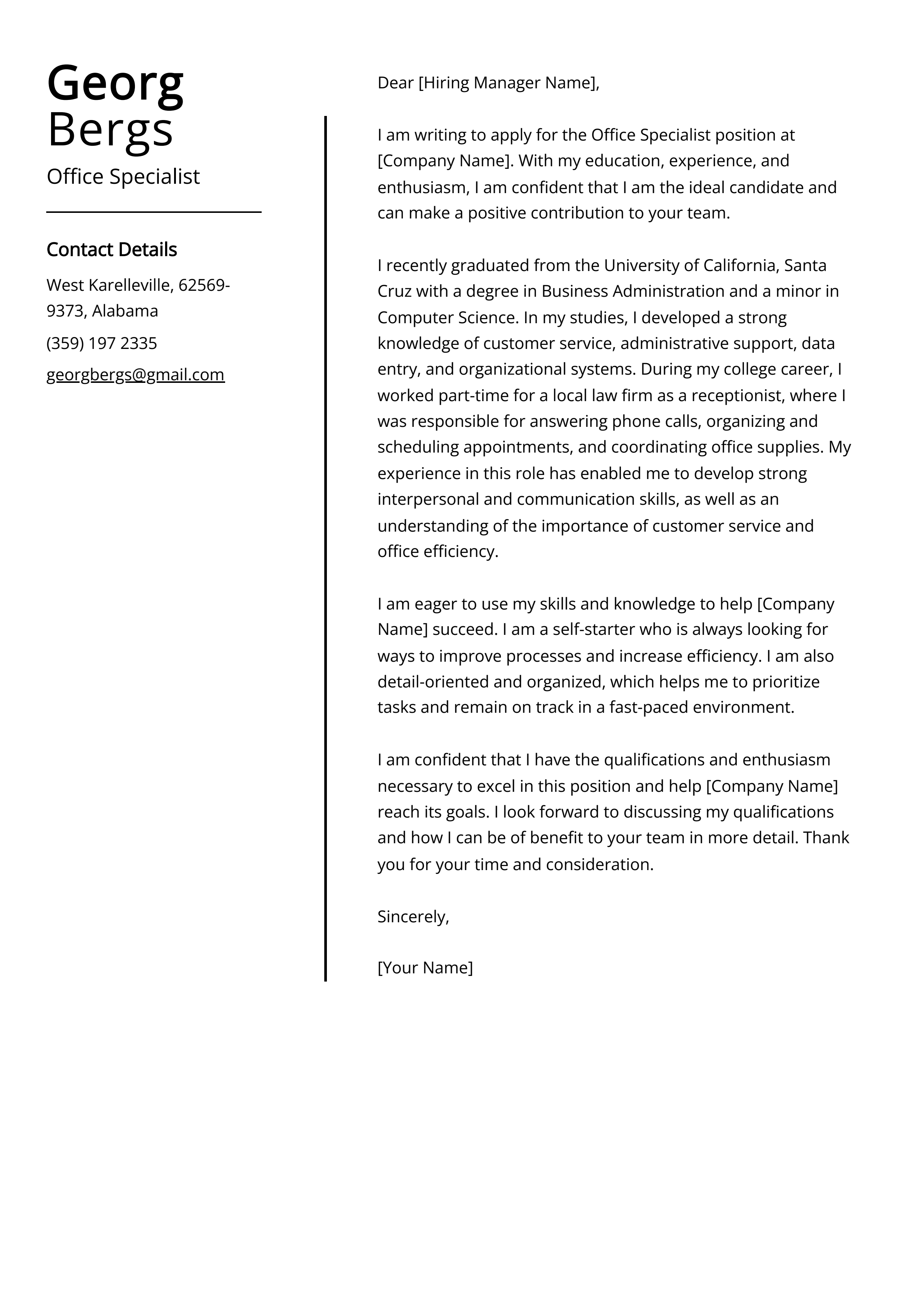 Office Specialist Cover Letter Example