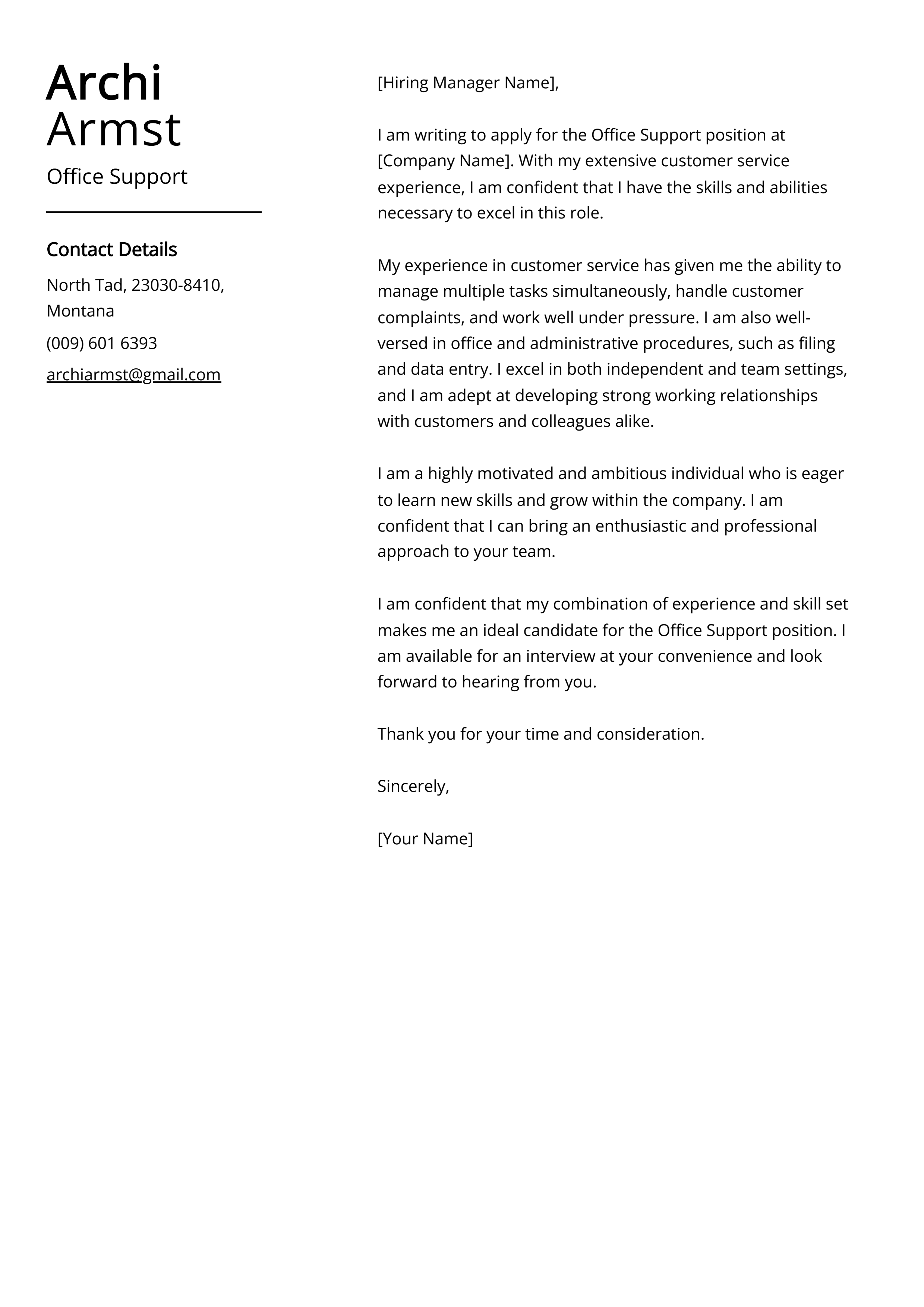 Office Support Cover Letter Example