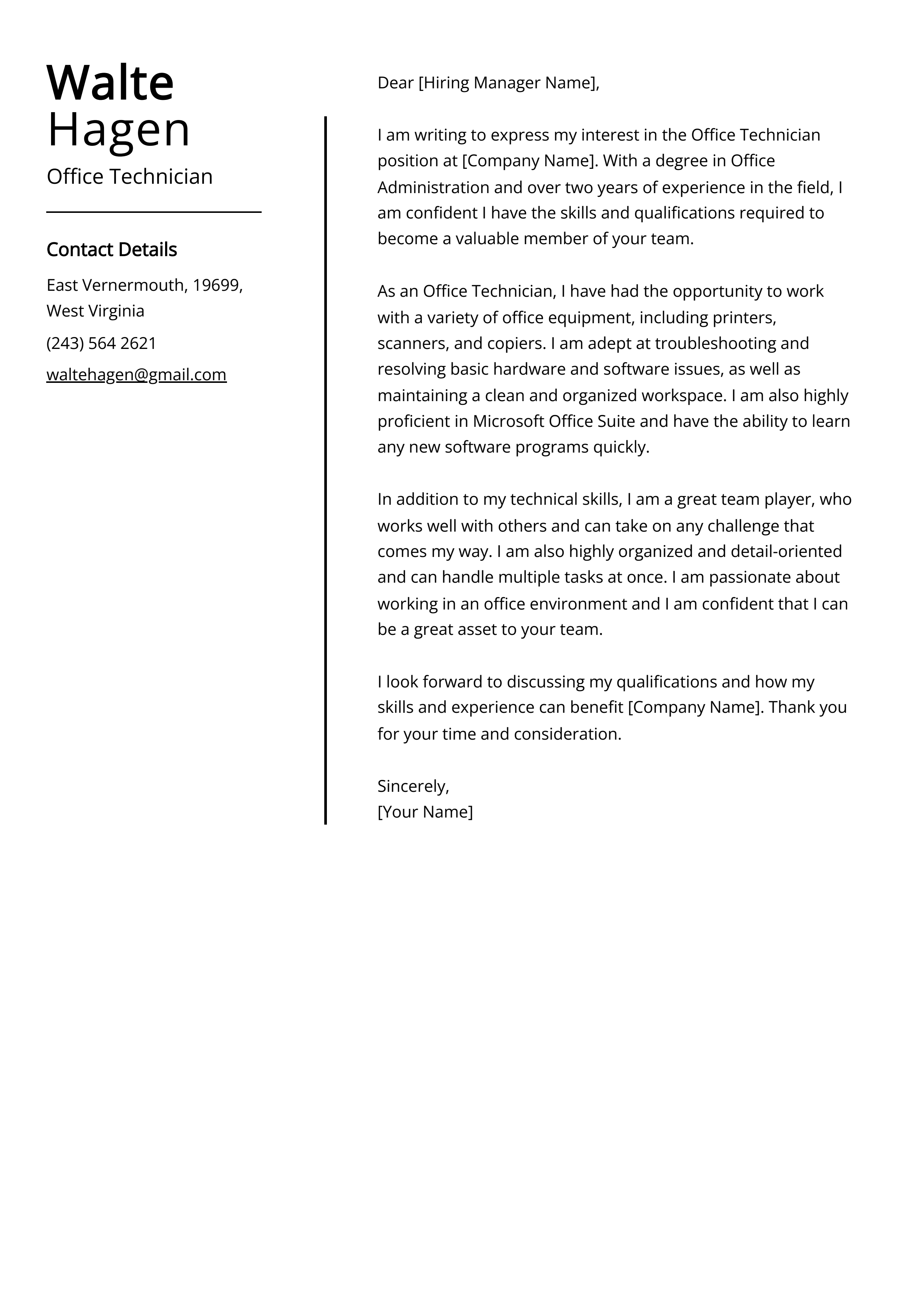 Office Technician Cover Letter Example
