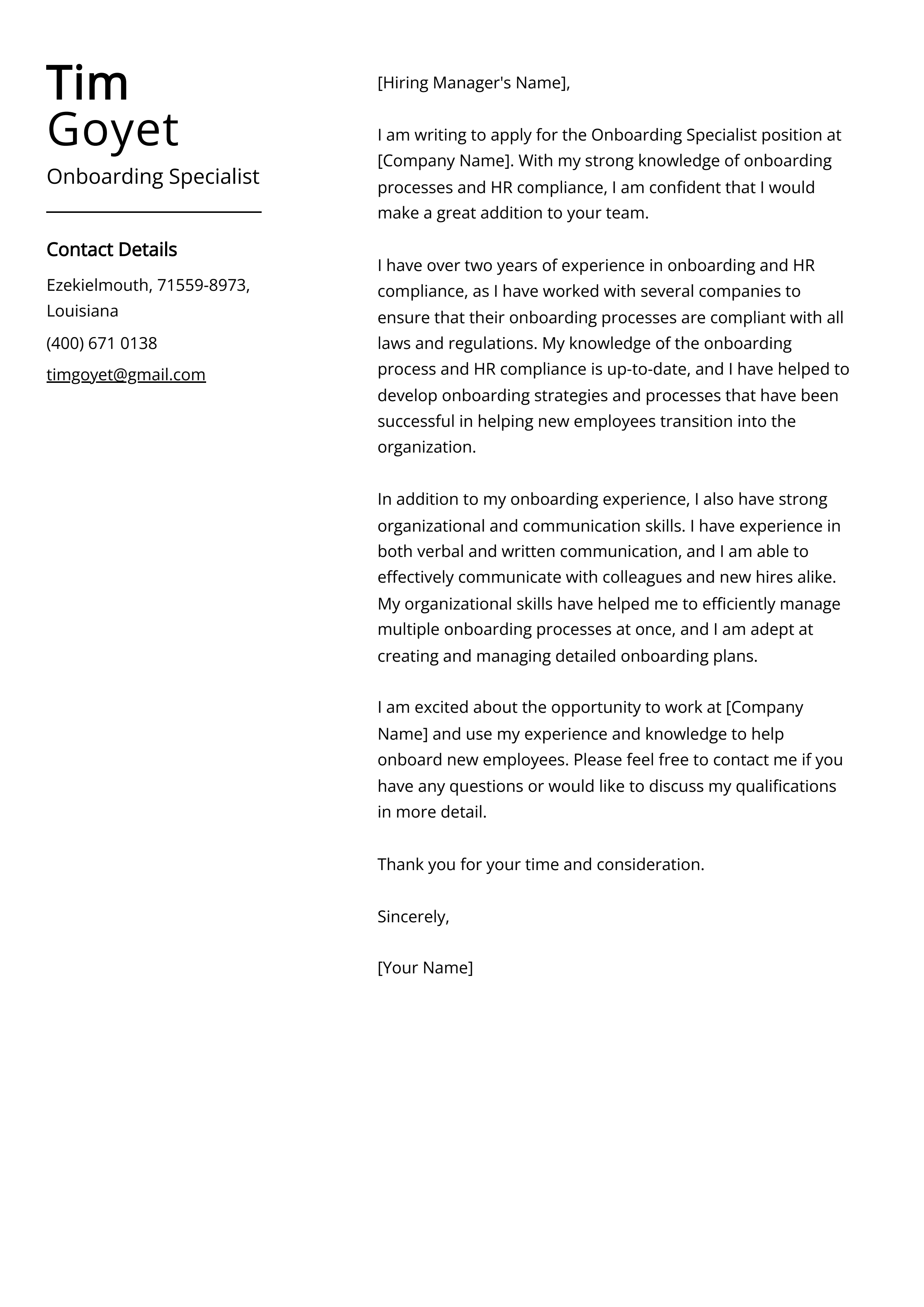 Onboarding Specialist Cover Letter Example