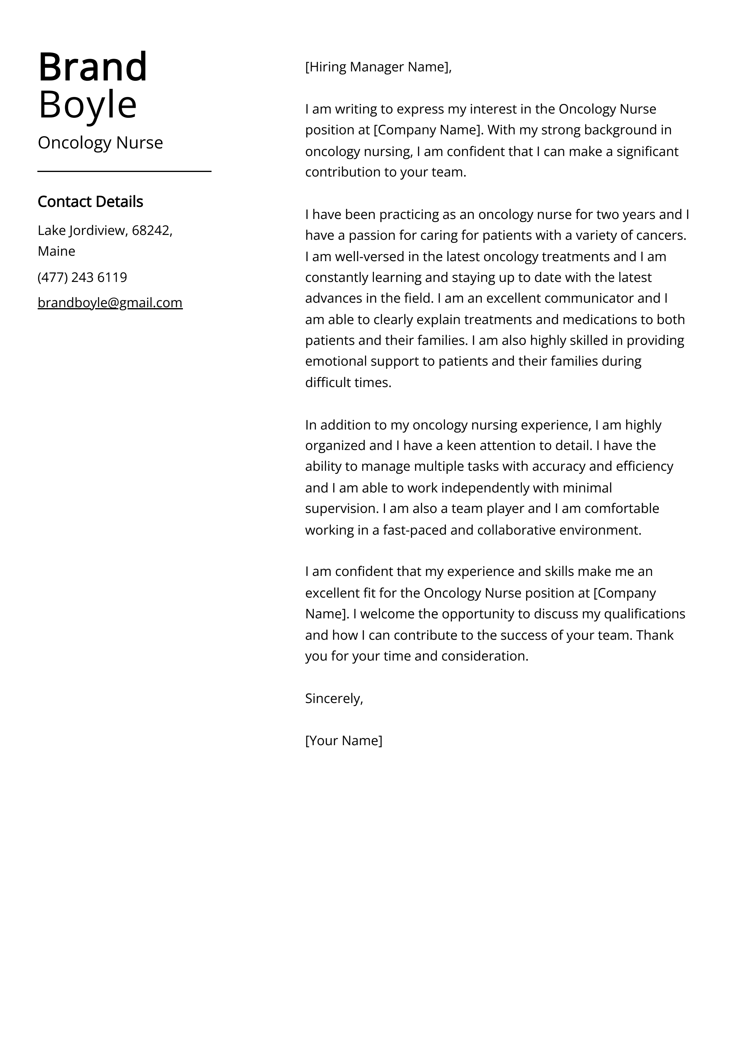 Oncology Nurse Cover Letter Example