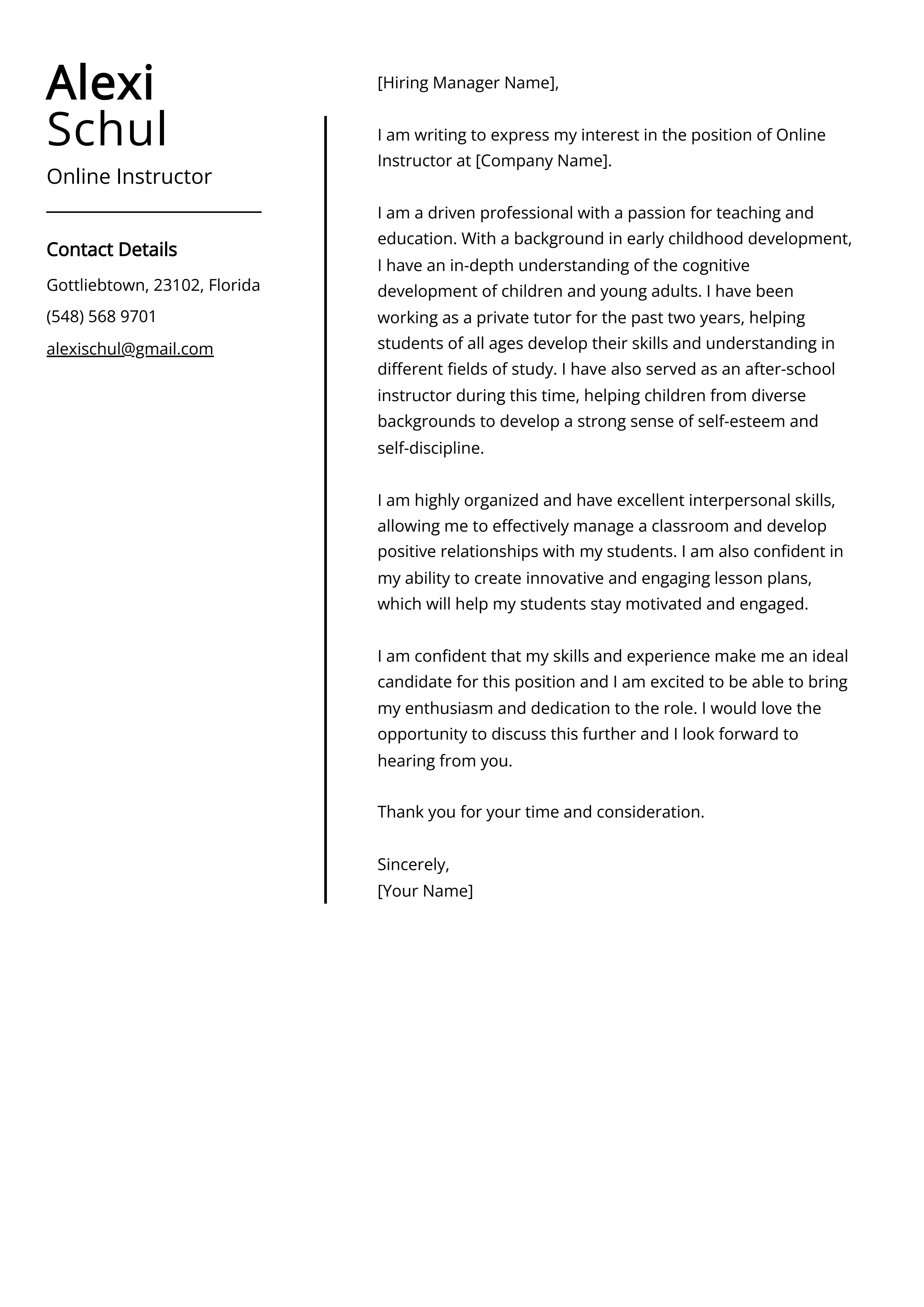 Online Instructor Cover Letter Example