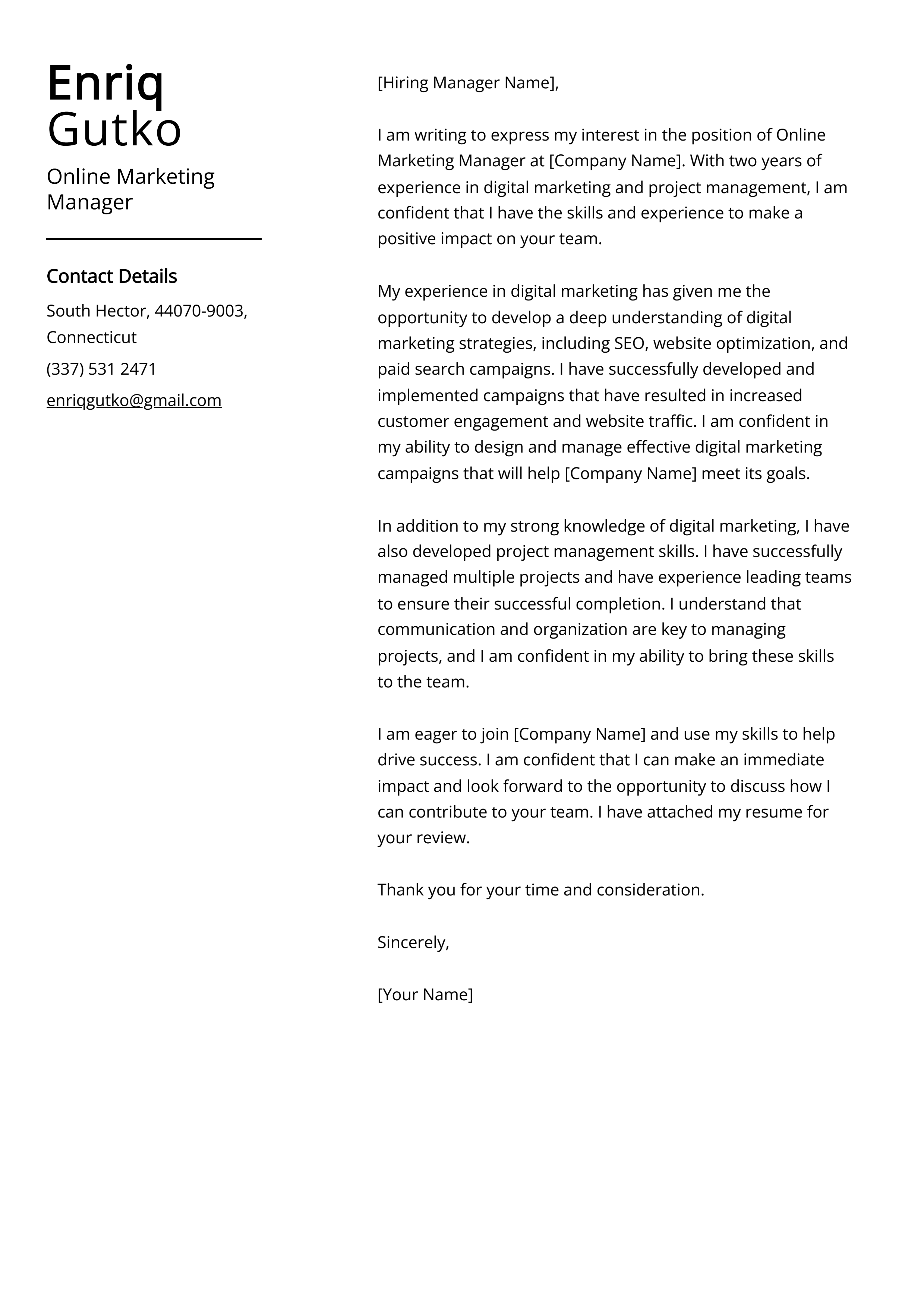 Online Marketing Manager Cover Letter Example
