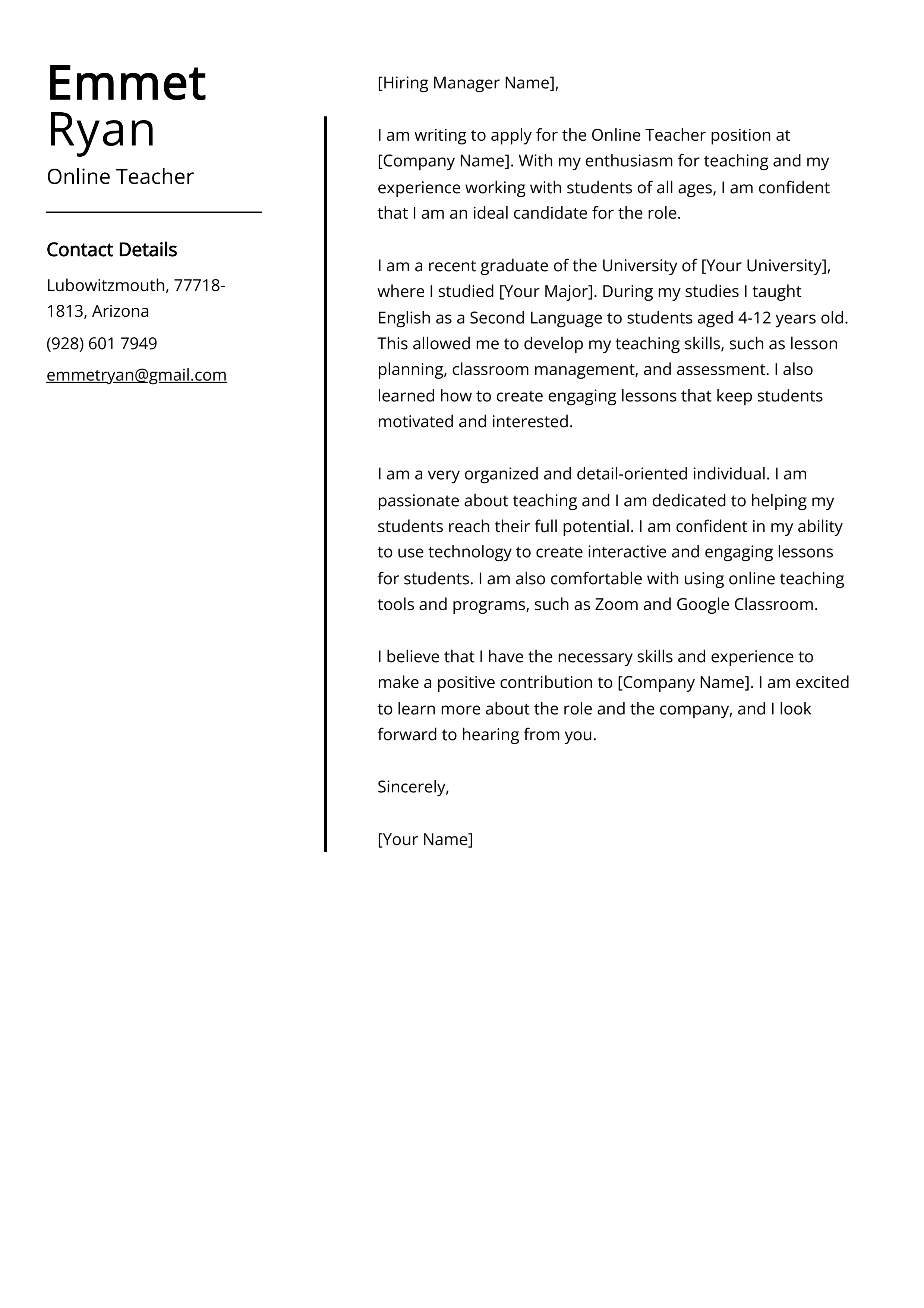 Online Teacher Cover Letter Example