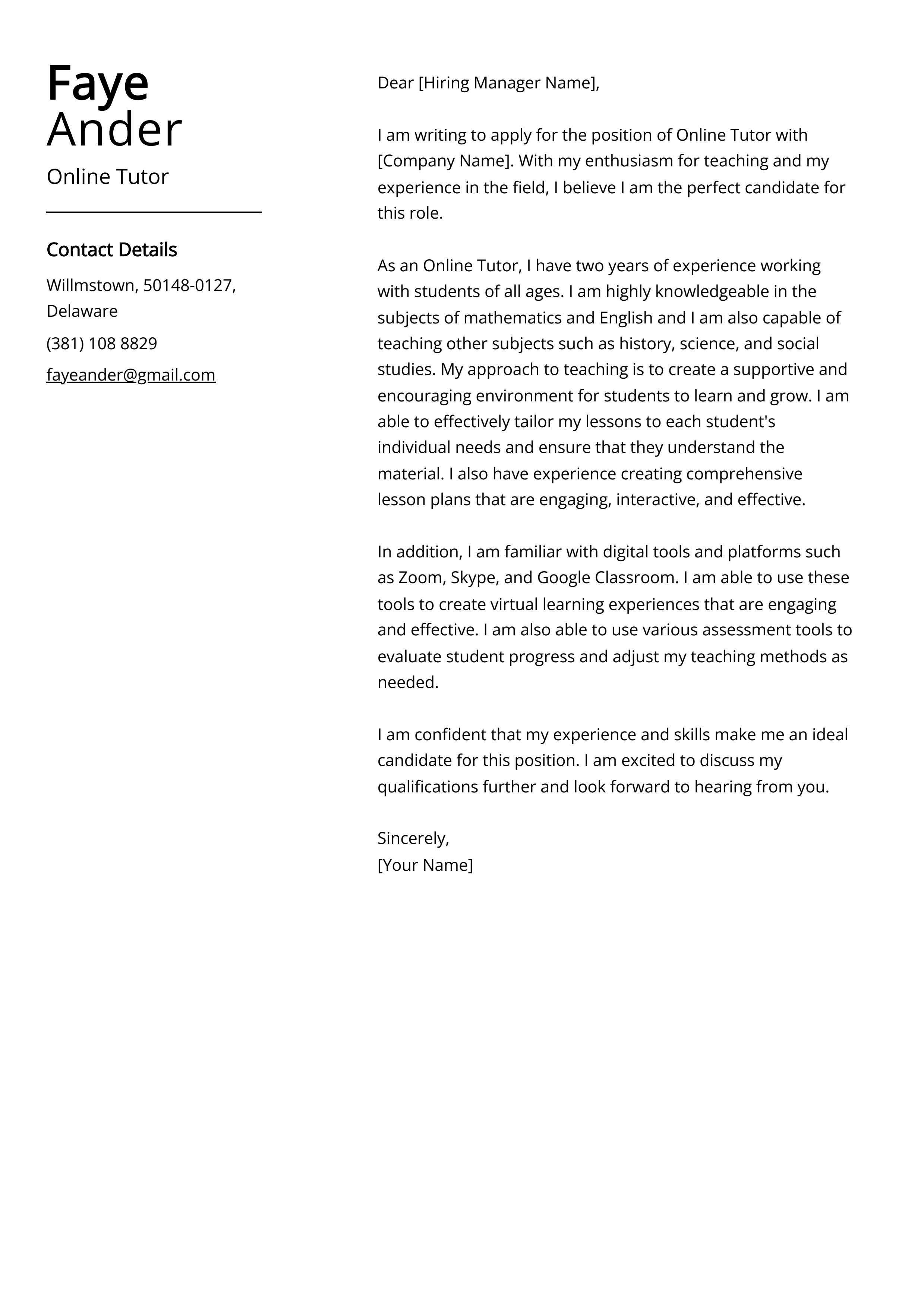 Online Tutor Cover Letter Example