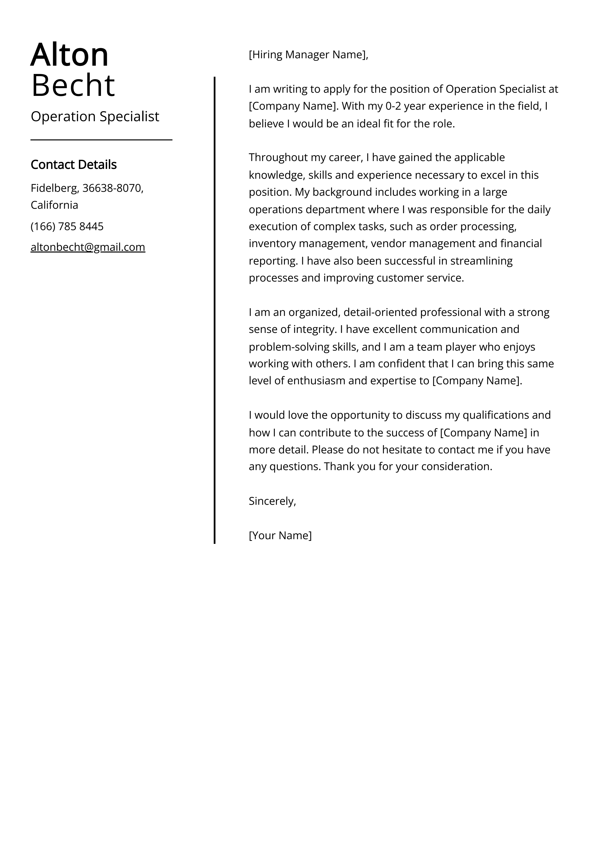 Operation Specialist Cover Letter Example