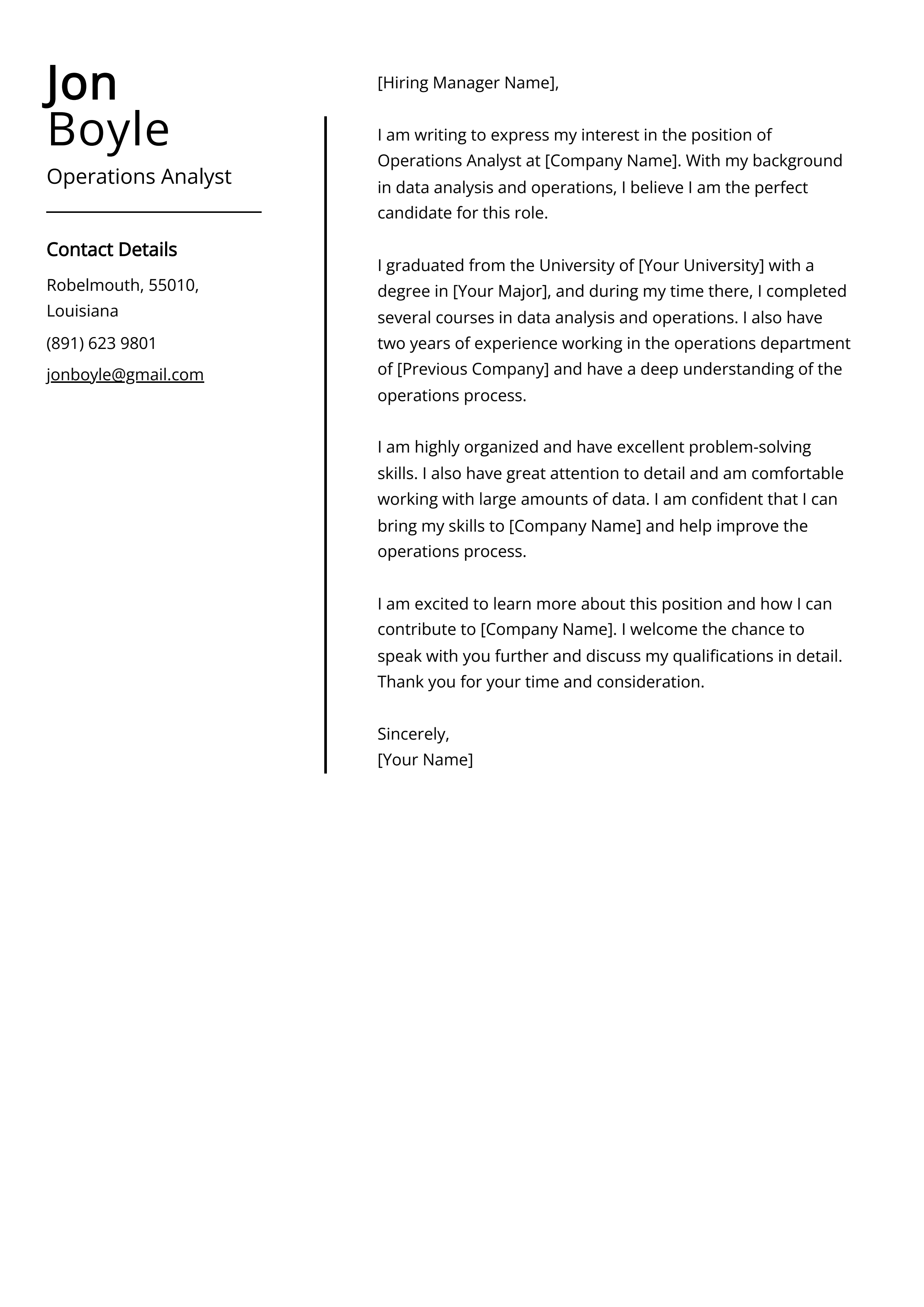 Operations Analyst Cover Letter Example