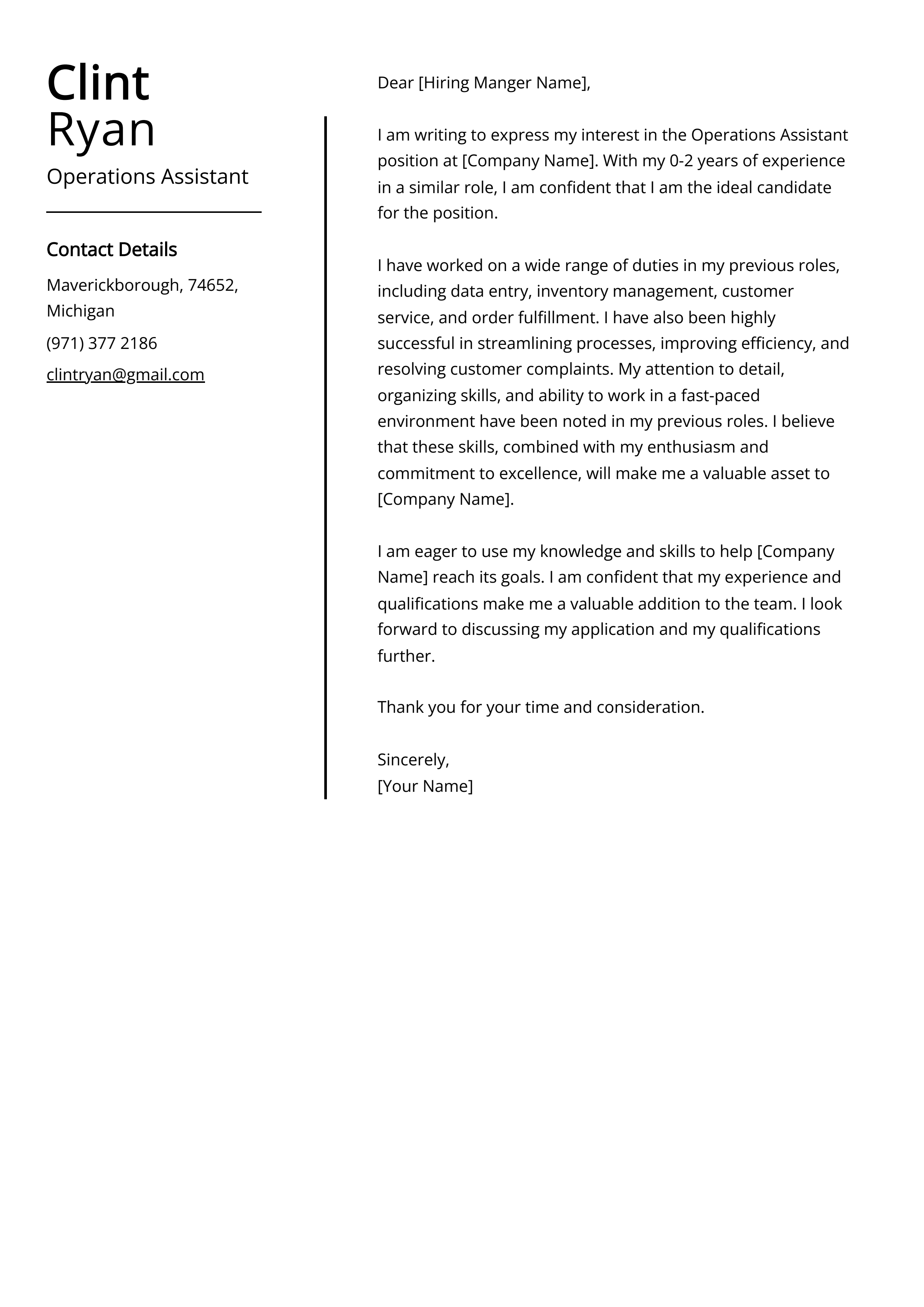 Operations Assistant Cover Letter Example
