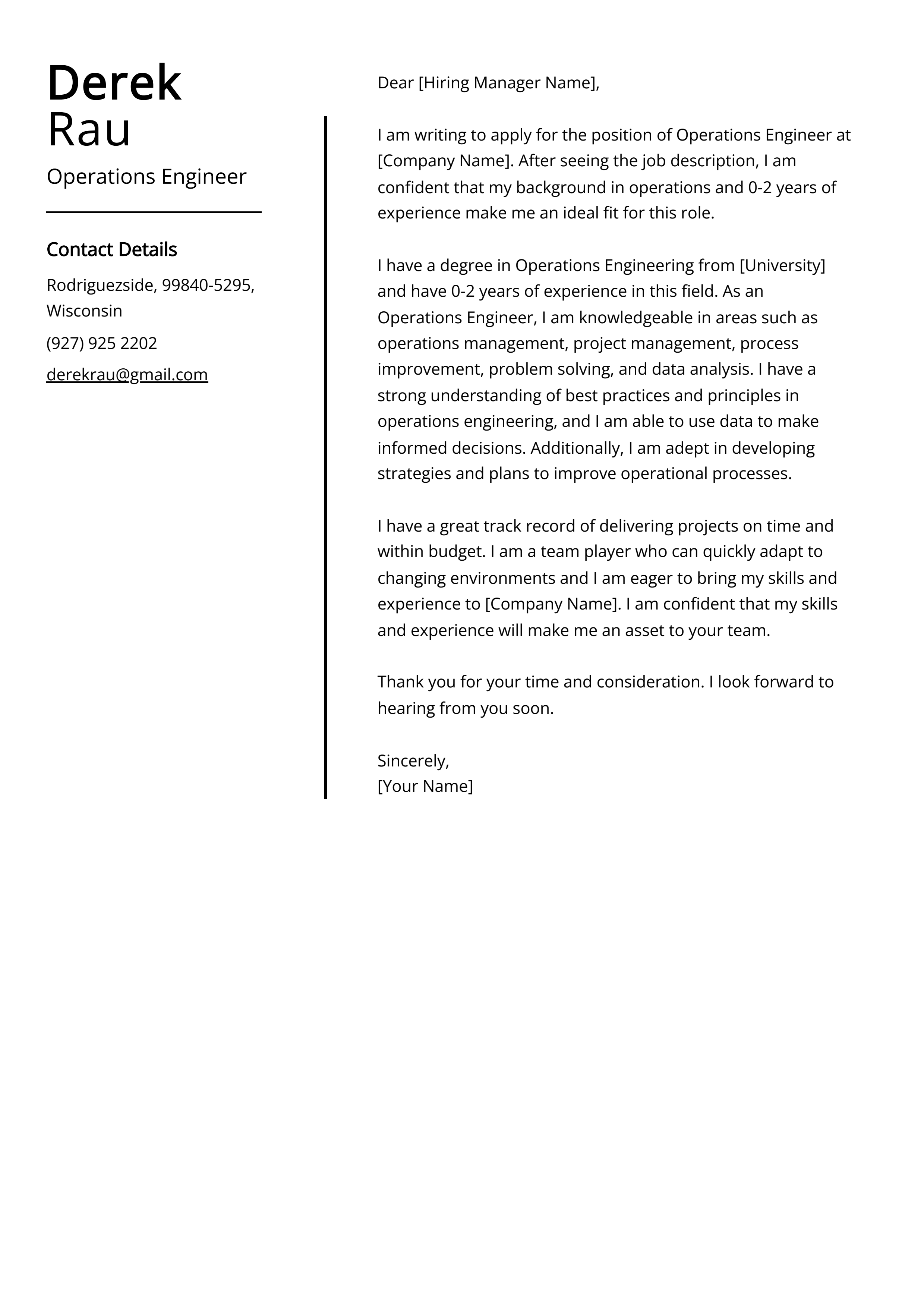 Operations Engineer Cover Letter Example