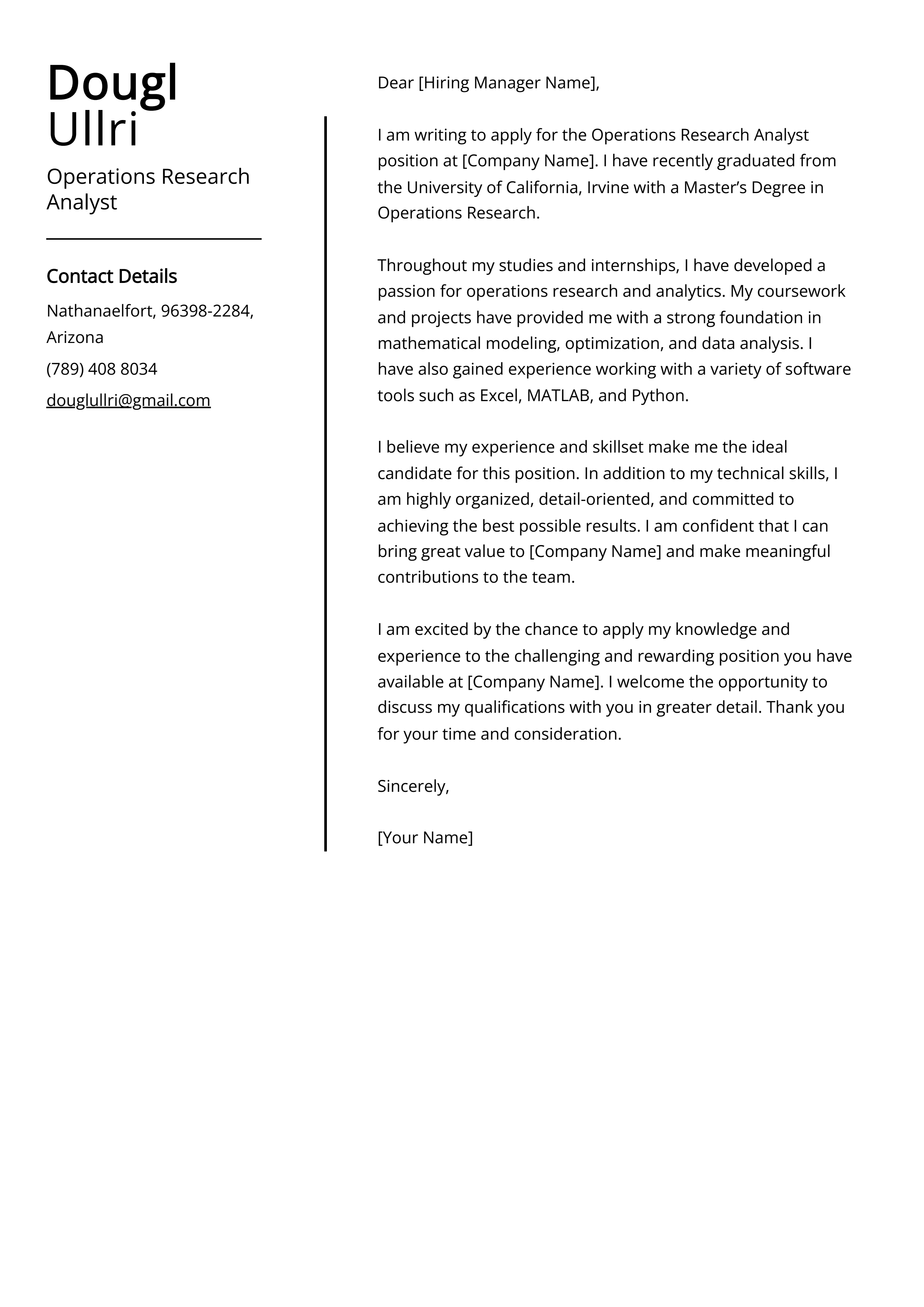 Operations Research Analyst Cover Letter Example