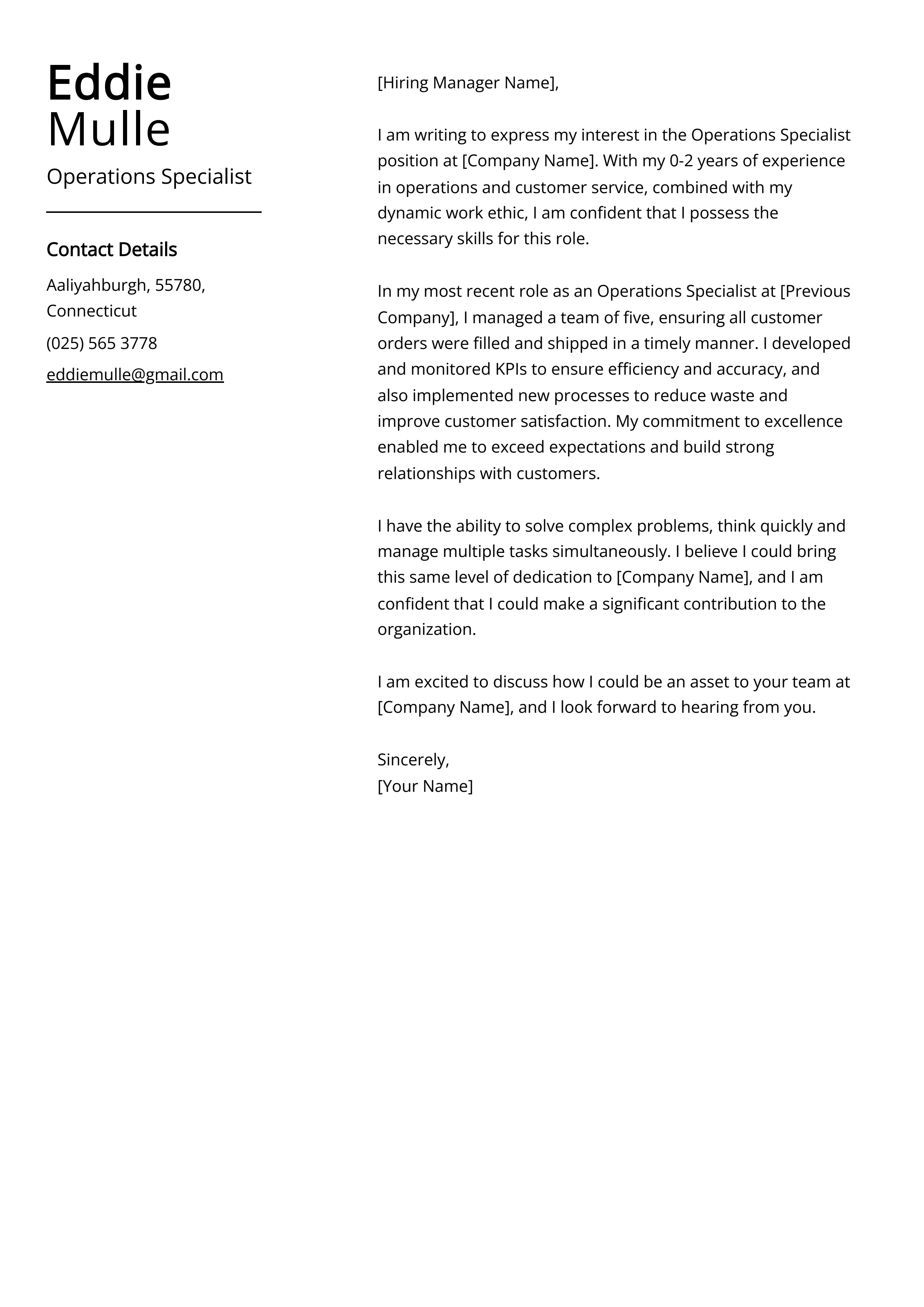 Operations Specialist Cover Letter Example