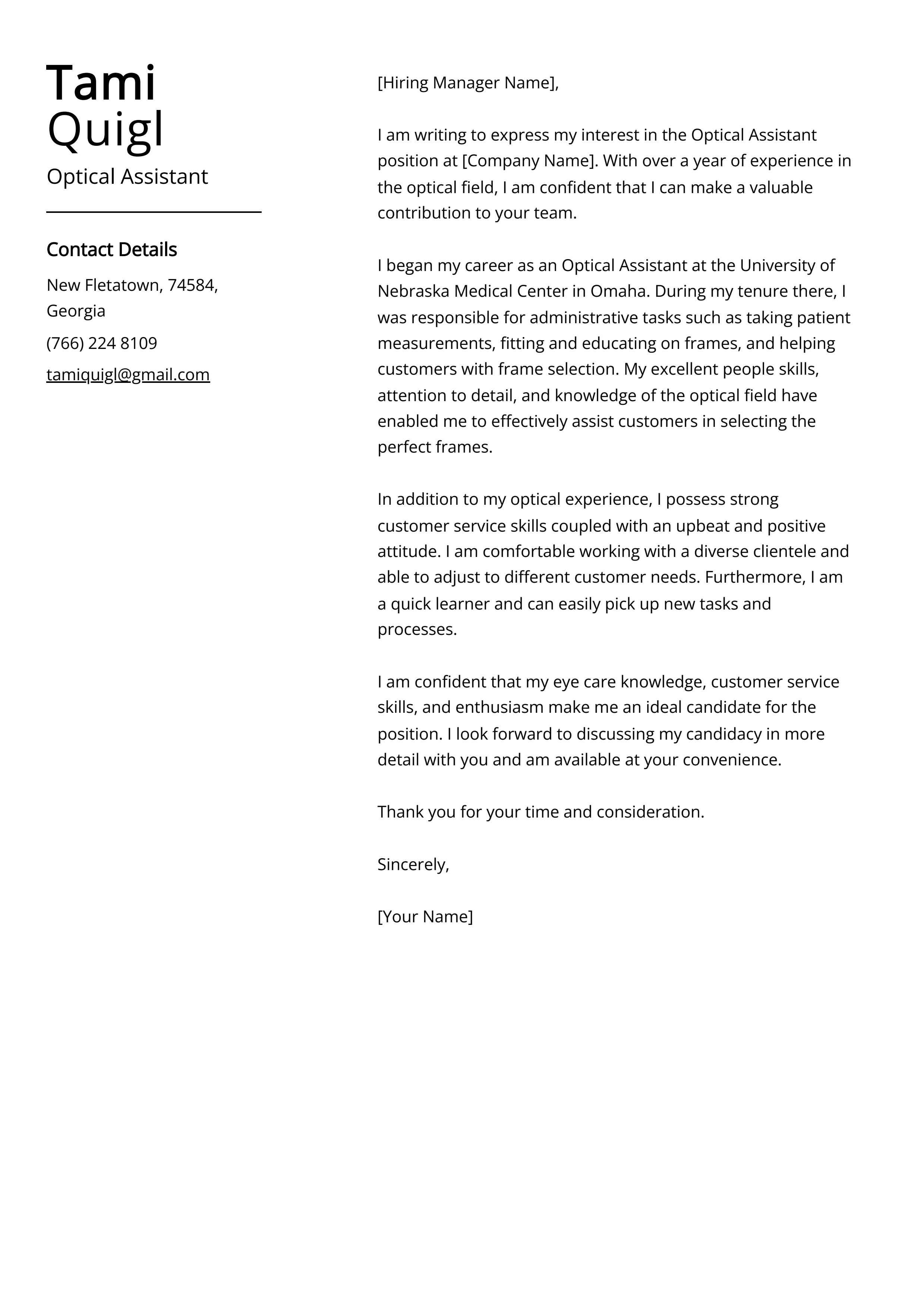 Optical Assistant Cover Letter Example