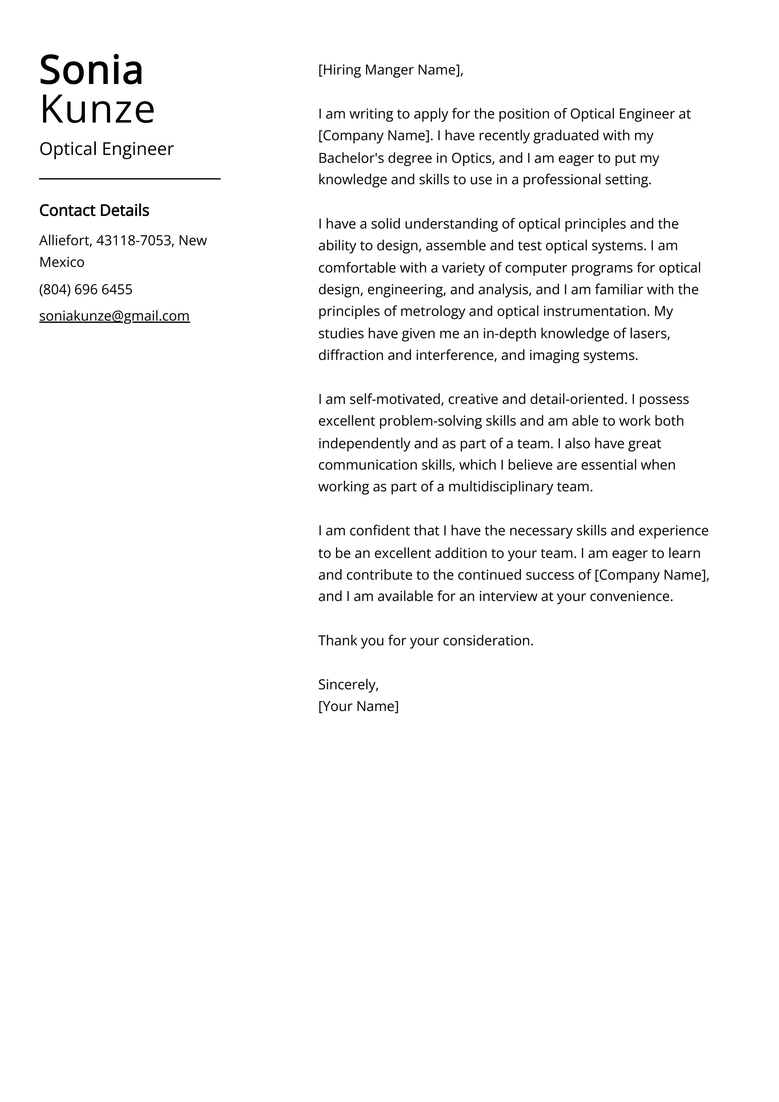 Optical Engineer Cover Letter Example