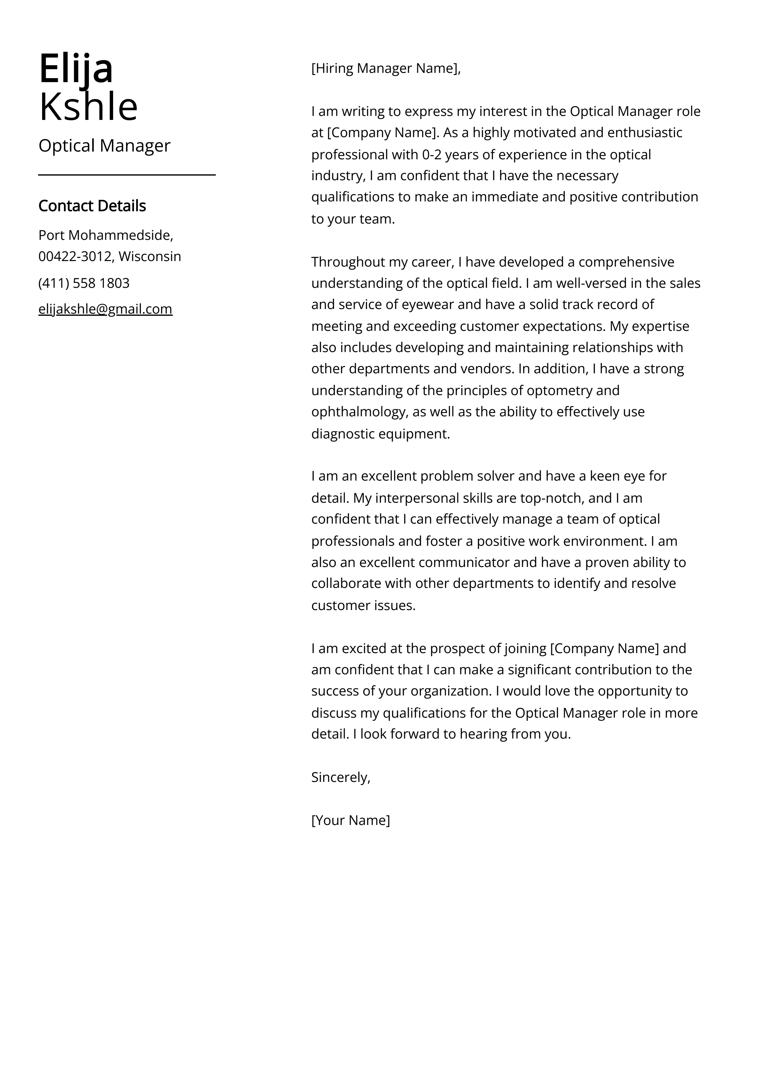 Optical Manager Cover Letter Example