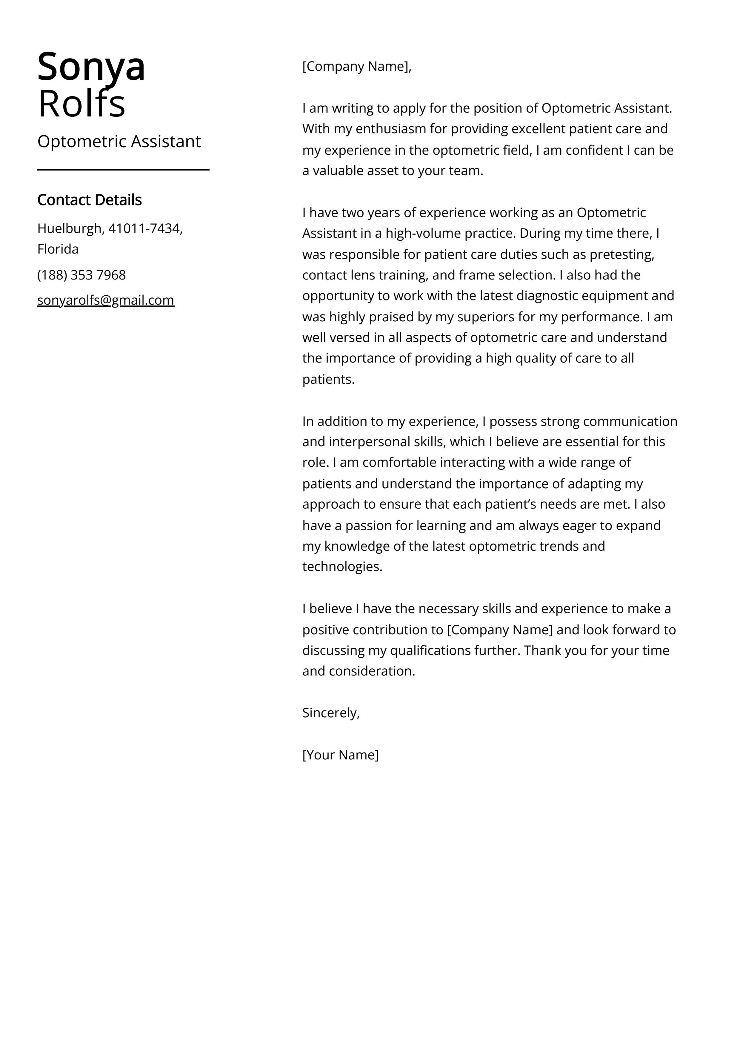 Optometric Assistant Cover Letter Example