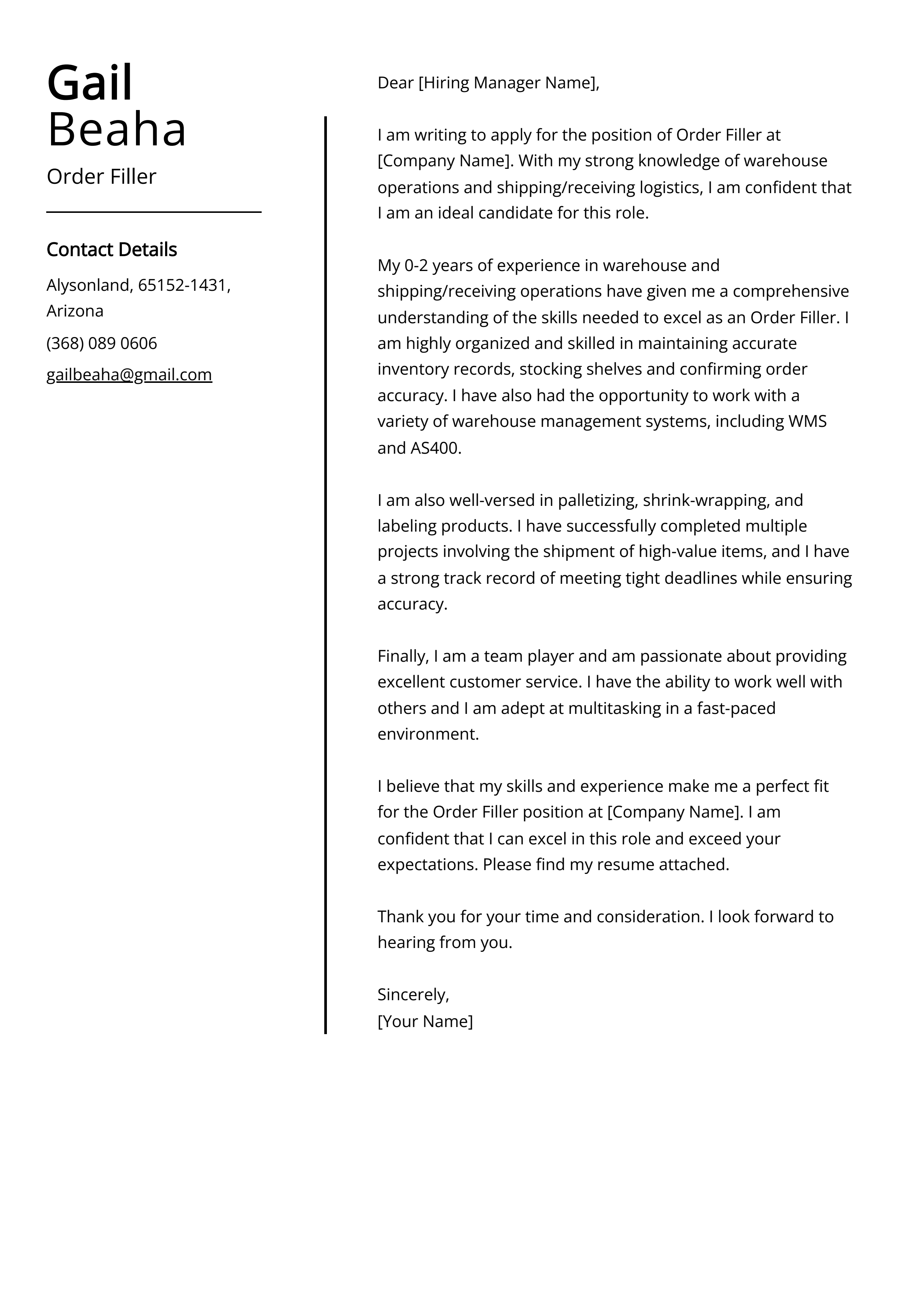 Order Filler Cover Letter Example