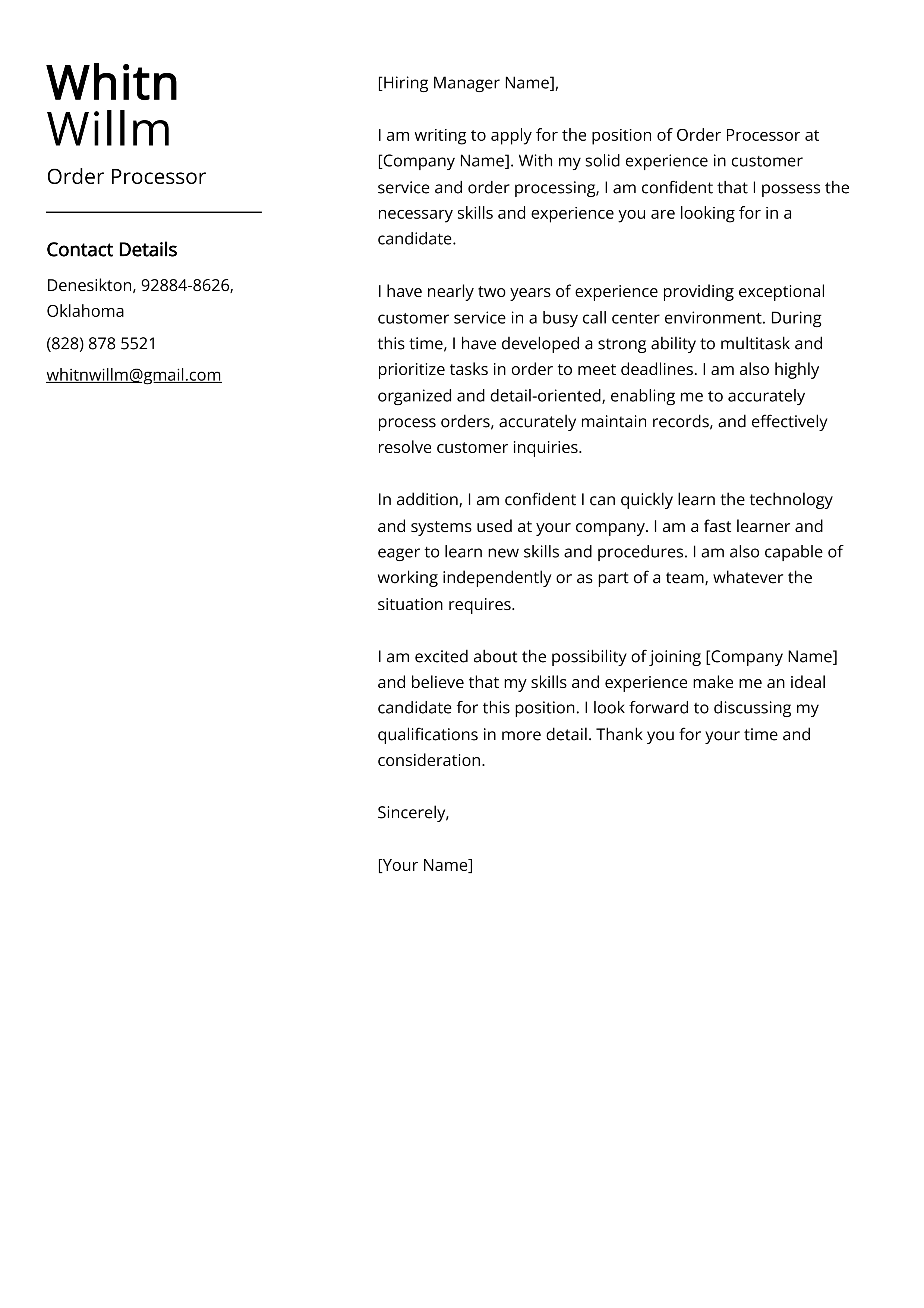 Order Processor Cover Letter Example