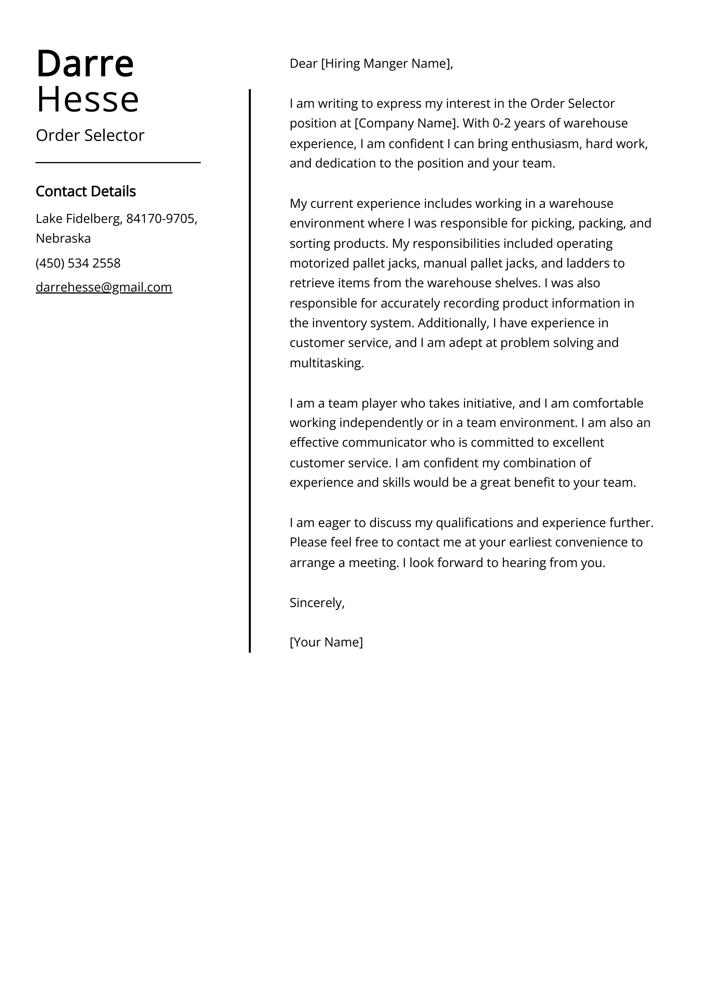 Order Selector Cover Letter Example