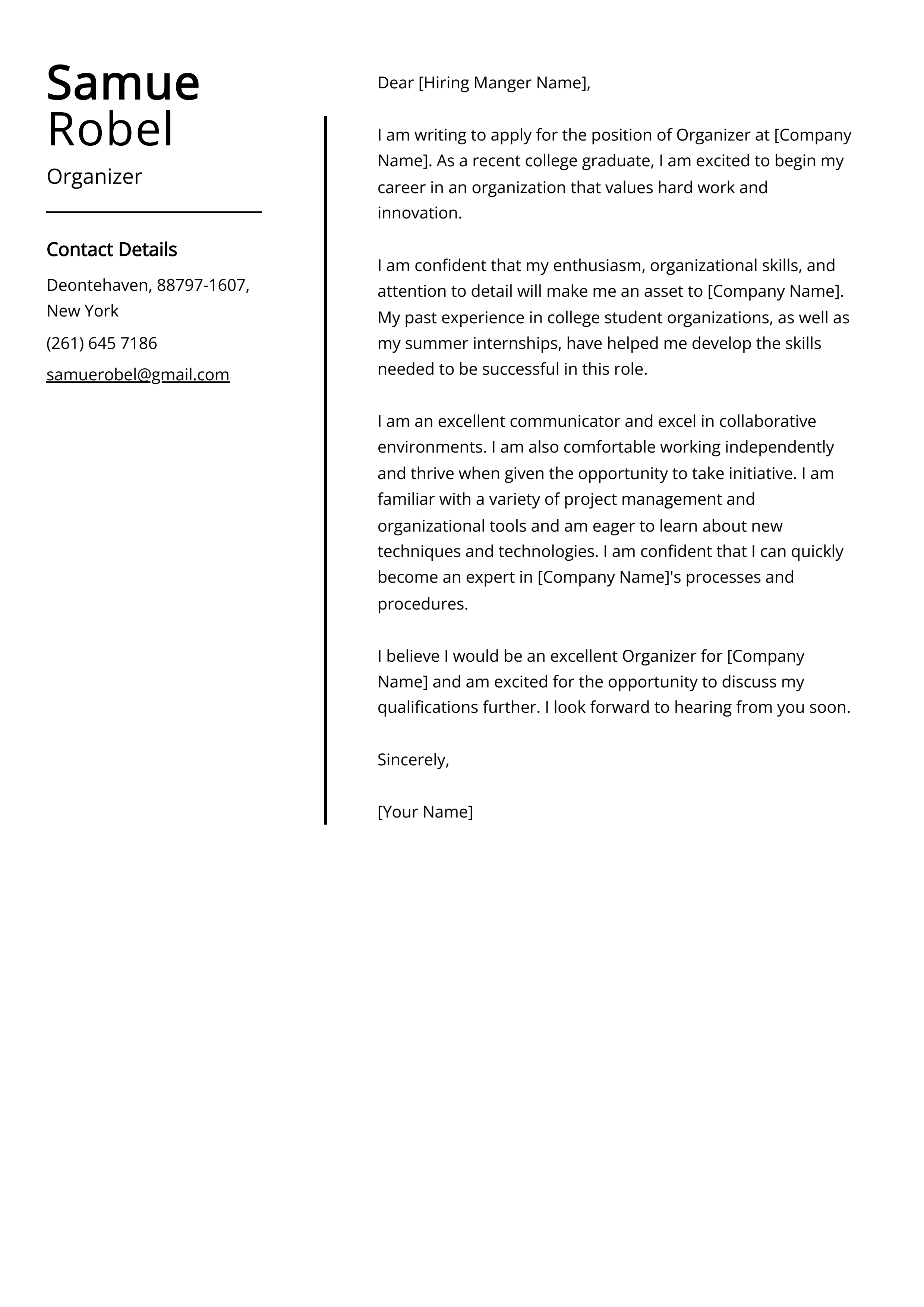 Organizer Cover Letter Example