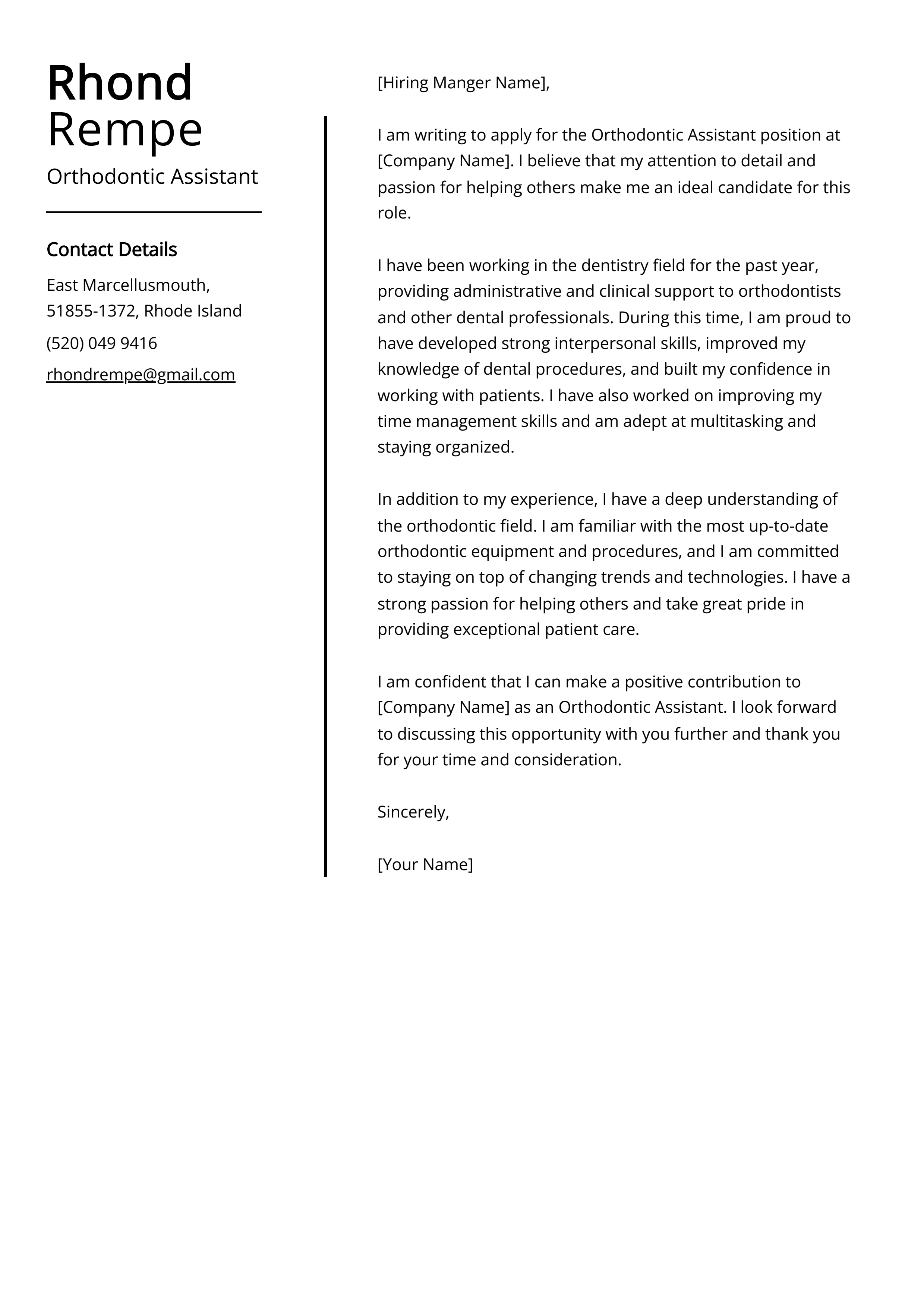 Orthodontic Assistant Cover Letter Example