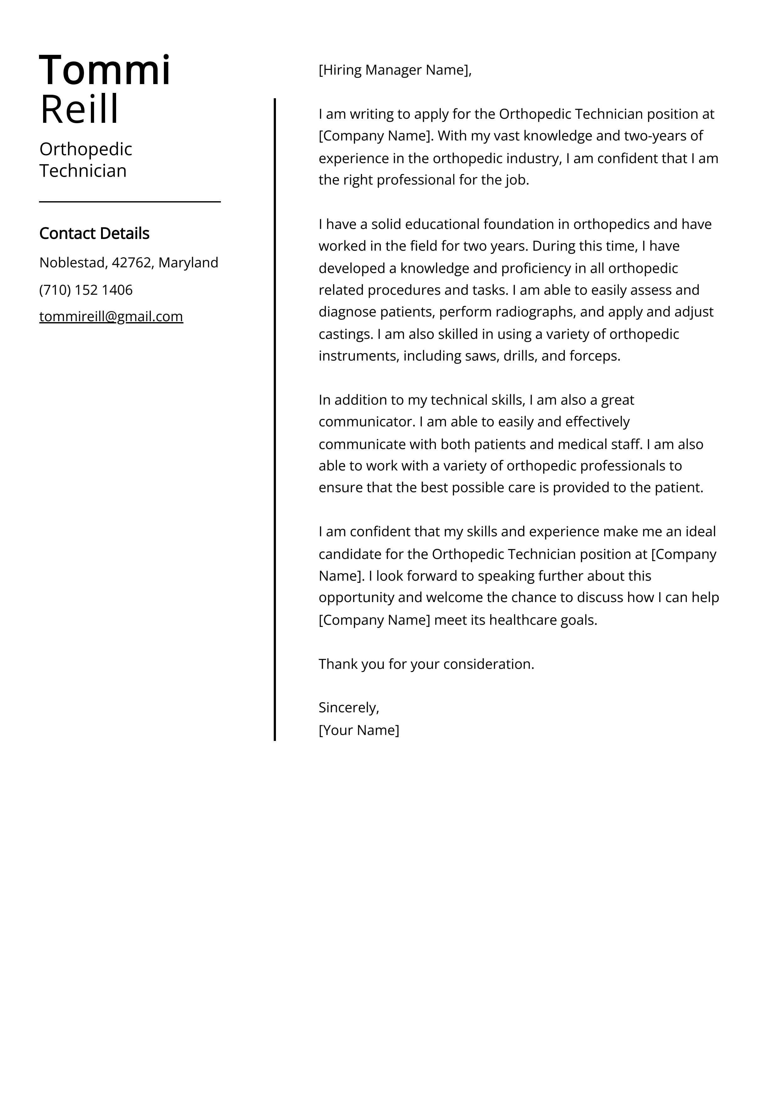 Orthopedic Technician Cover Letter Example