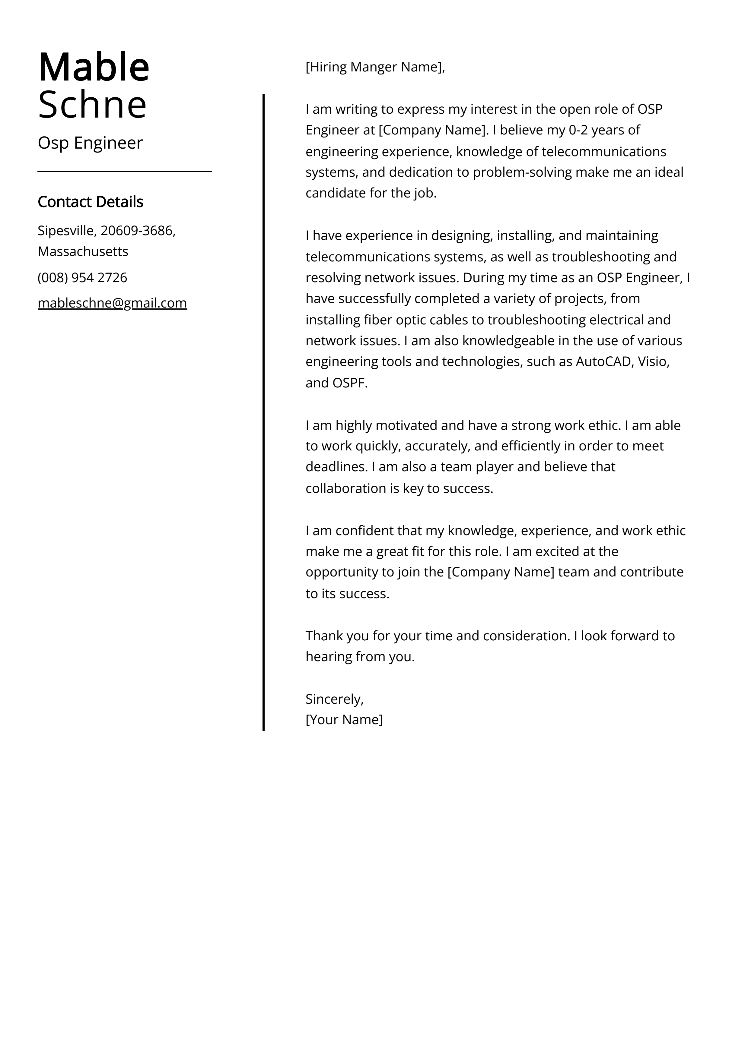 Osp Engineer Cover Letter Example