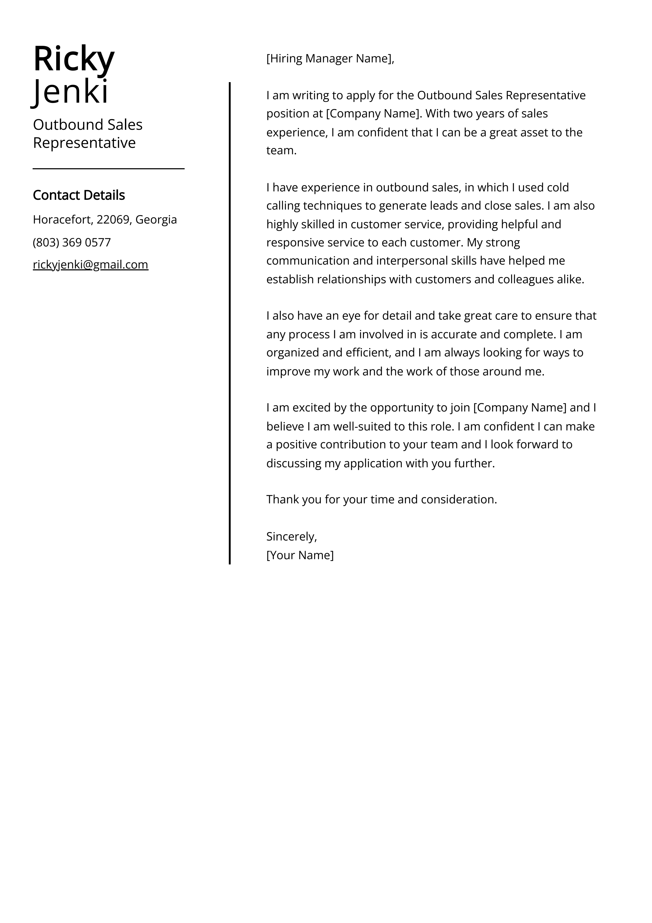 Outbound Sales Representative Cover Letter Example